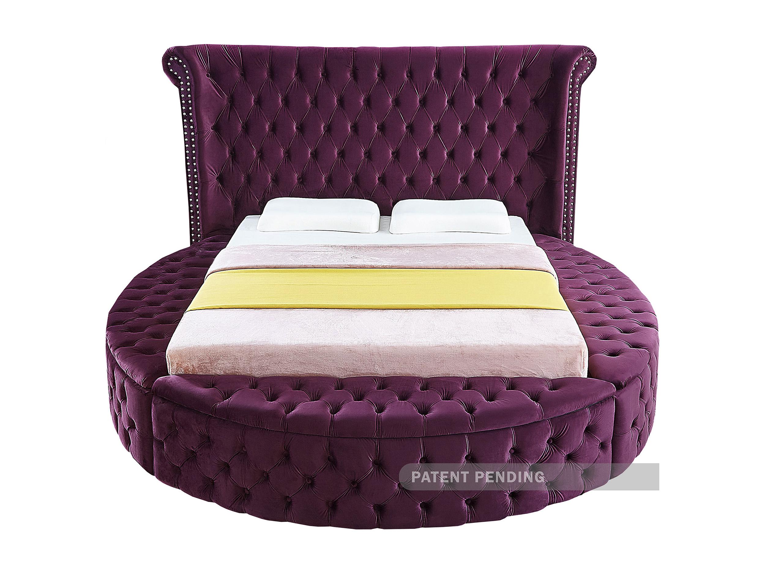 

    
Purple Velvet Tufted Round Storage Queen Bed LUXUS Meridian Contemporary Modern
