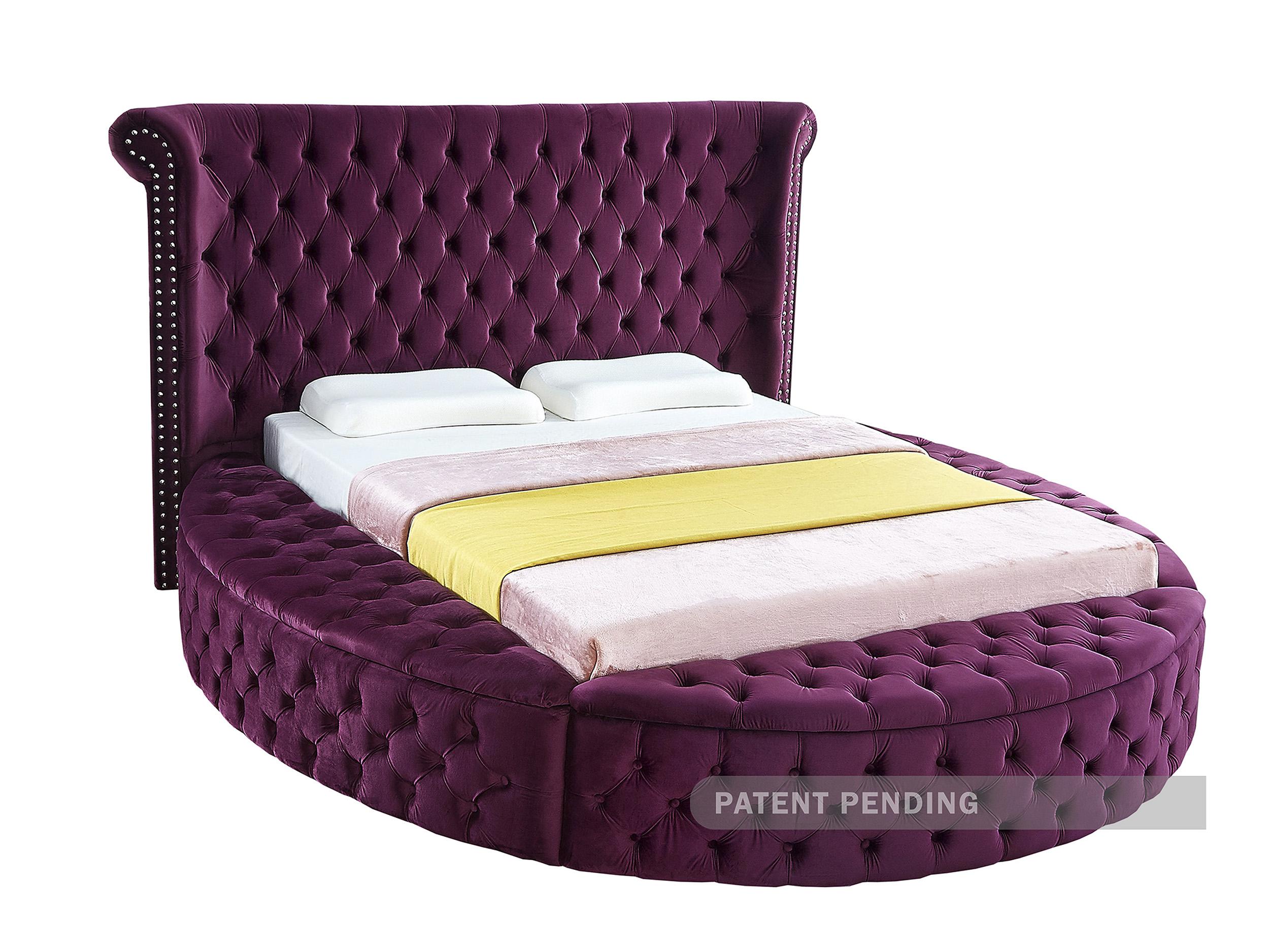 

    
Purple Velvet Tufted Round Storage Queen Bed LUXUS Meridian Contemporary Modern

