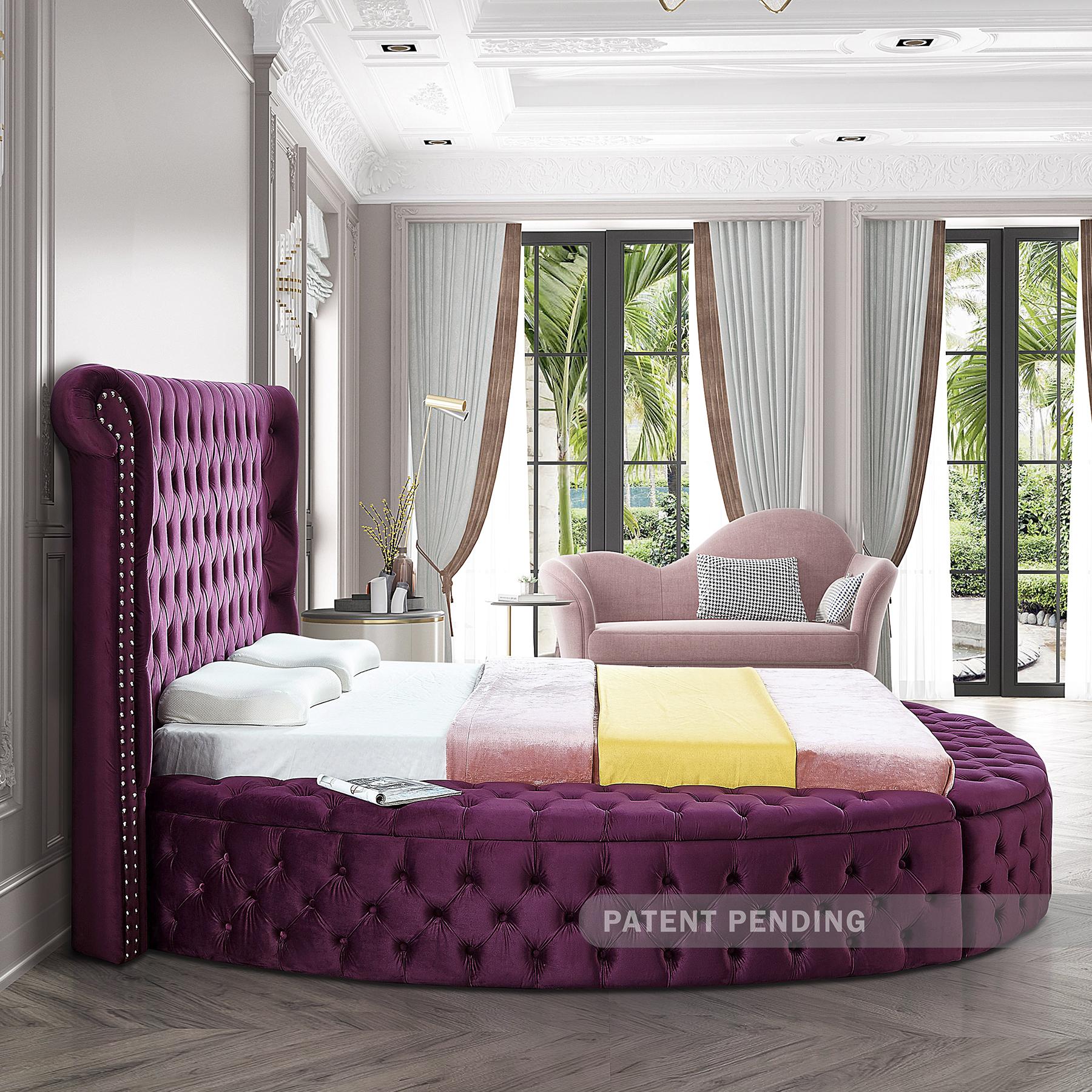 

    
 Order  Purple Velvet Tufted Round Storage Queen Bed LUXUS Meridian Contemporary Modern
