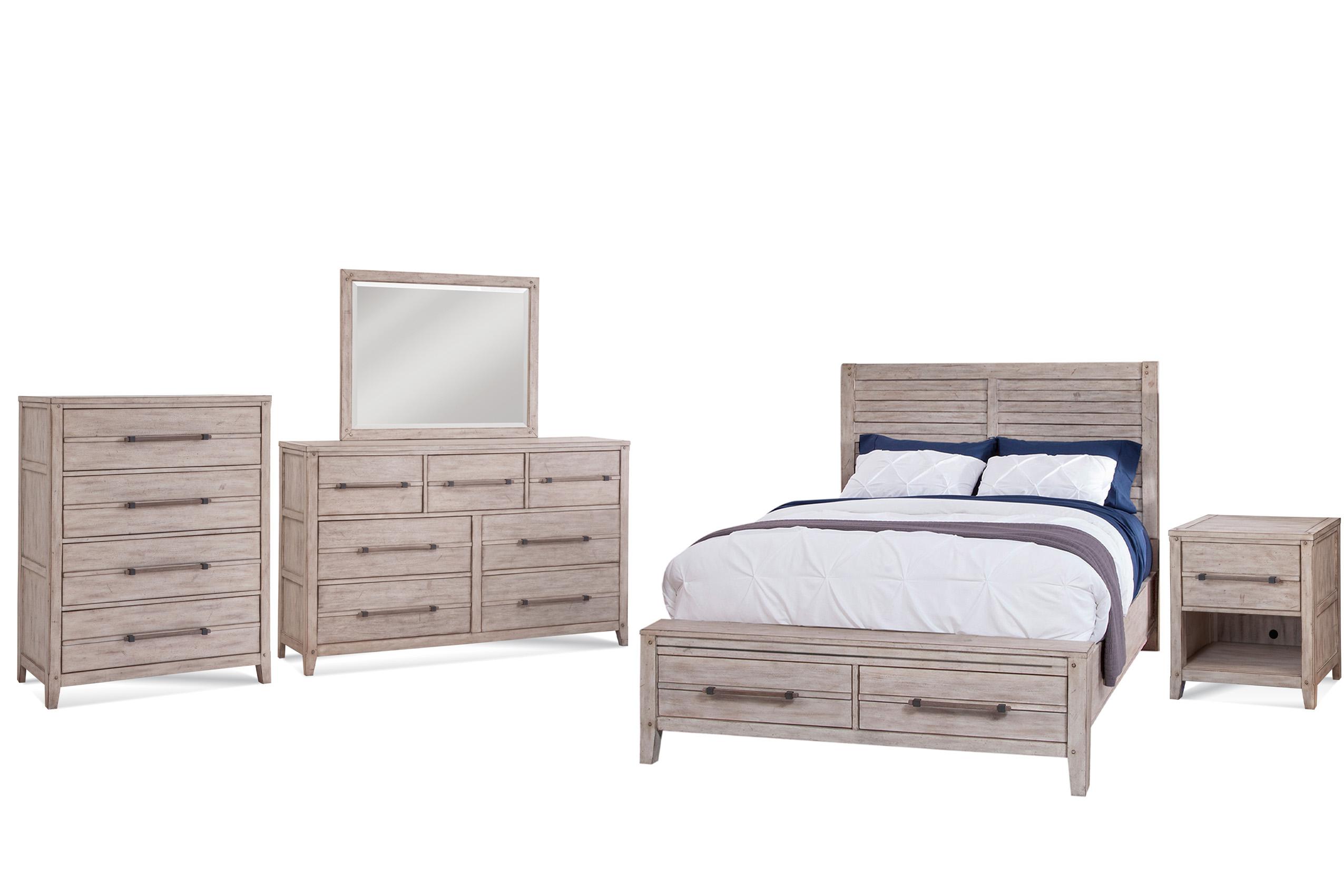 

    
Whitewash Queen Panel Storage Bed Set 5Pcs AURORA 2810-QPNST-5PC American Woodcrafters
