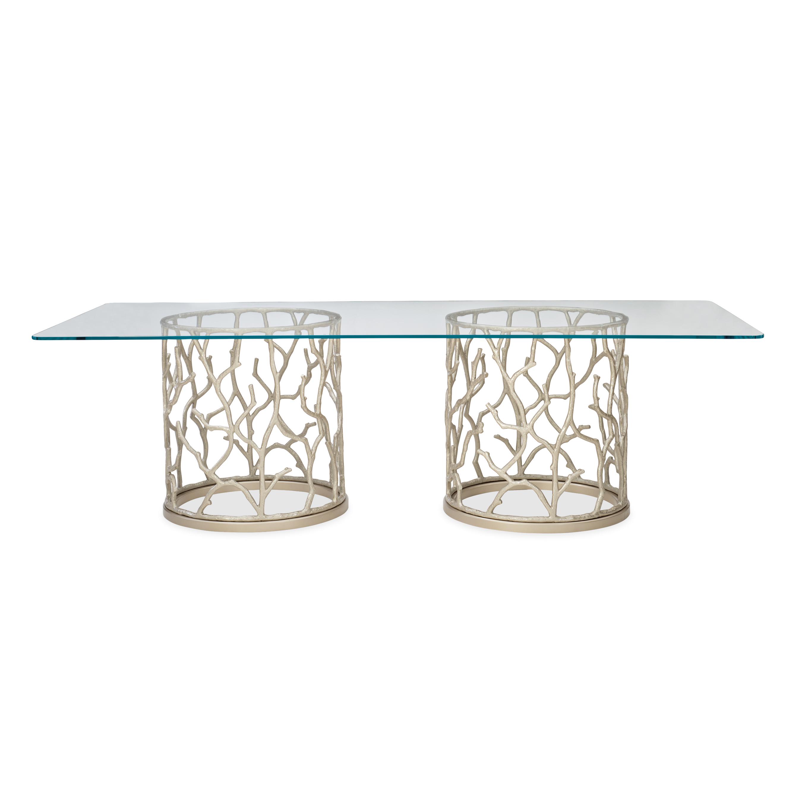 

    
Caracole Around The Reef Dining Table Set Light Grey/Silver CLA-419-2016-Set-7
