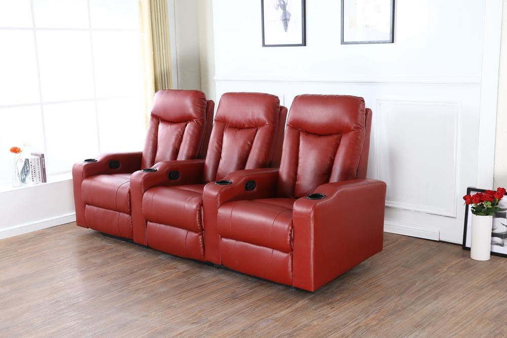 

    
Red Bonded Leather Reclining Home Theater Seating Row of 3 Seats w Cupholders
