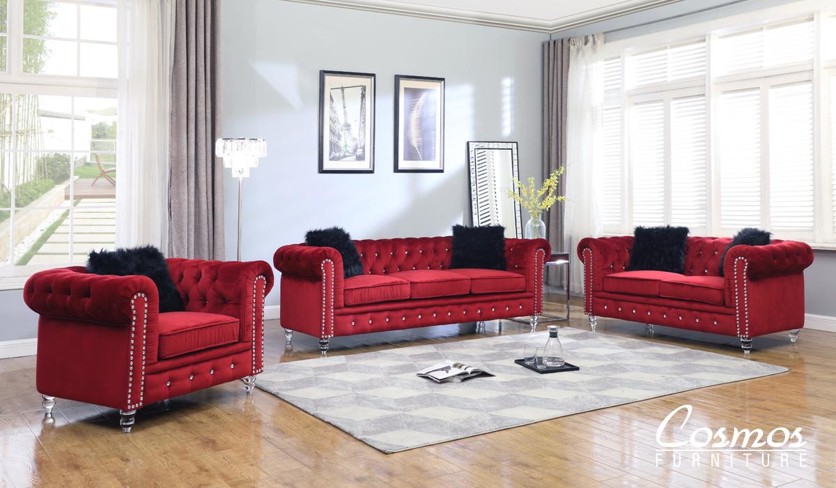 

        
810053741535Red Fabric Sofa & Loveseat Set 2Pcs w/ Acrylic legs Transitional Cosmos Furniture Sahara Red
