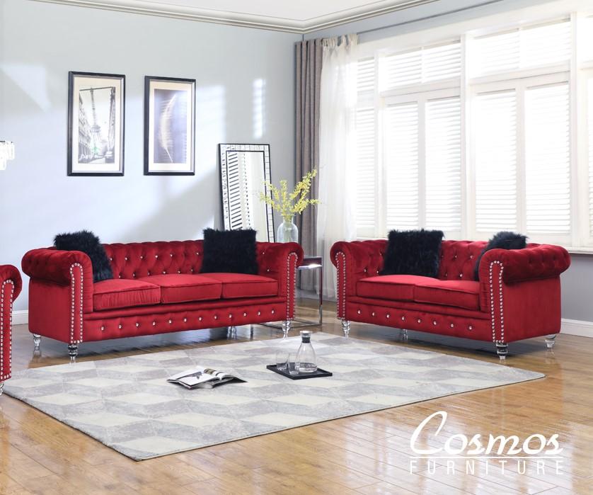 

    
Red Fabric Sofa & Loveseat Set 2Pcs w/ Acrylic legs Transitional Cosmos Furniture Sahara Red
