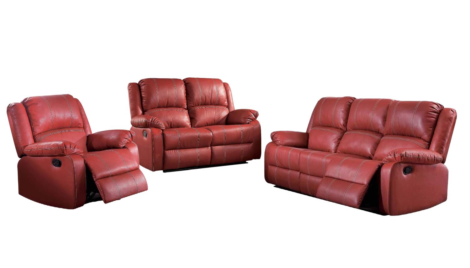 Modern Sofa Loveseat Recliner Zuriel 52150-3pcs in Red Faux Leather