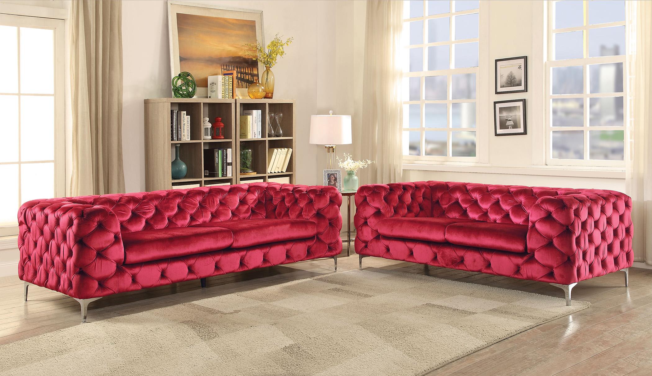 Luxury Red Velvet Tufted Sofa Set 2pcs