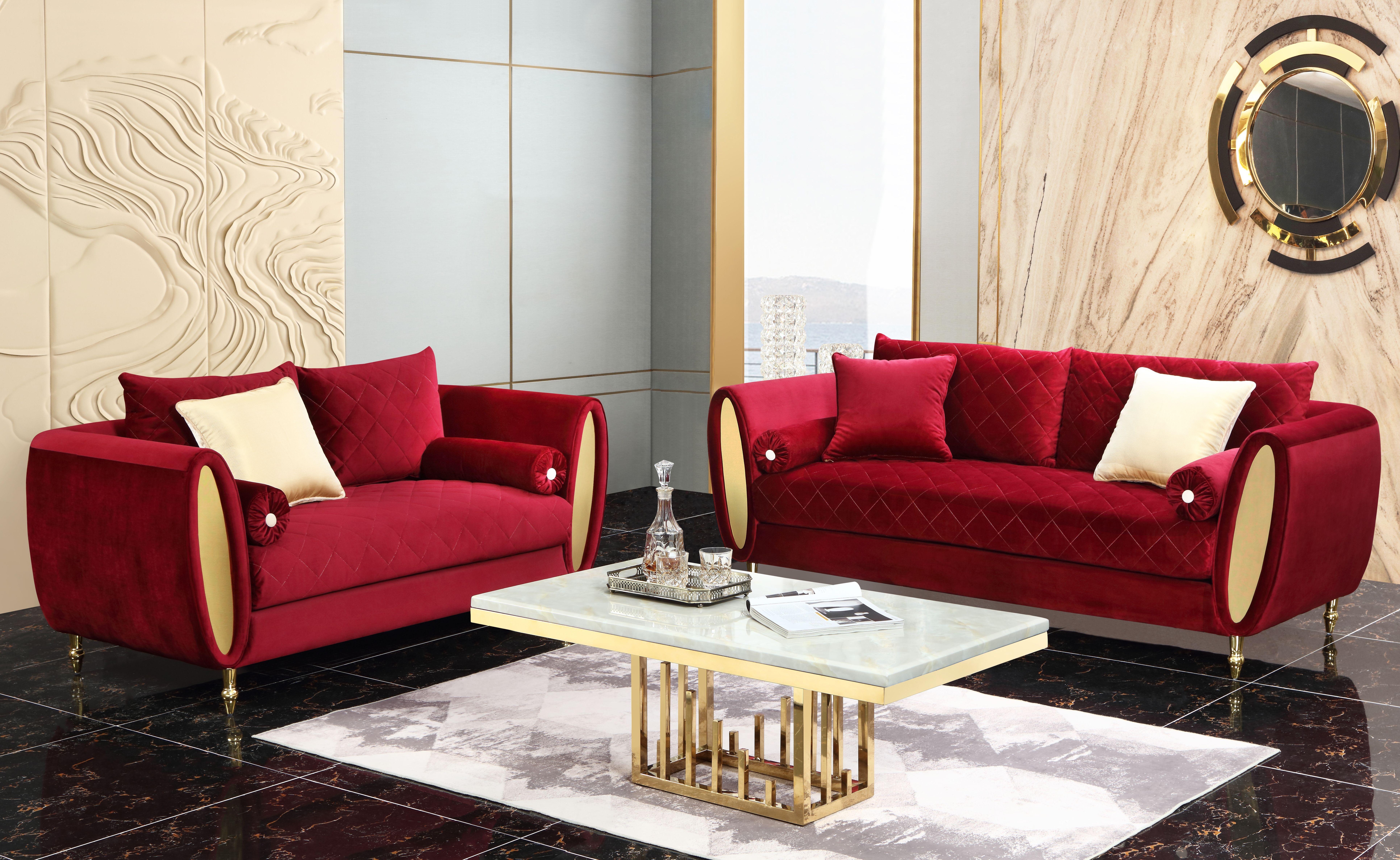 Modern Sofa and Loveseat Set Ruby Ruby-Set-2 in Red, Gold Velvet