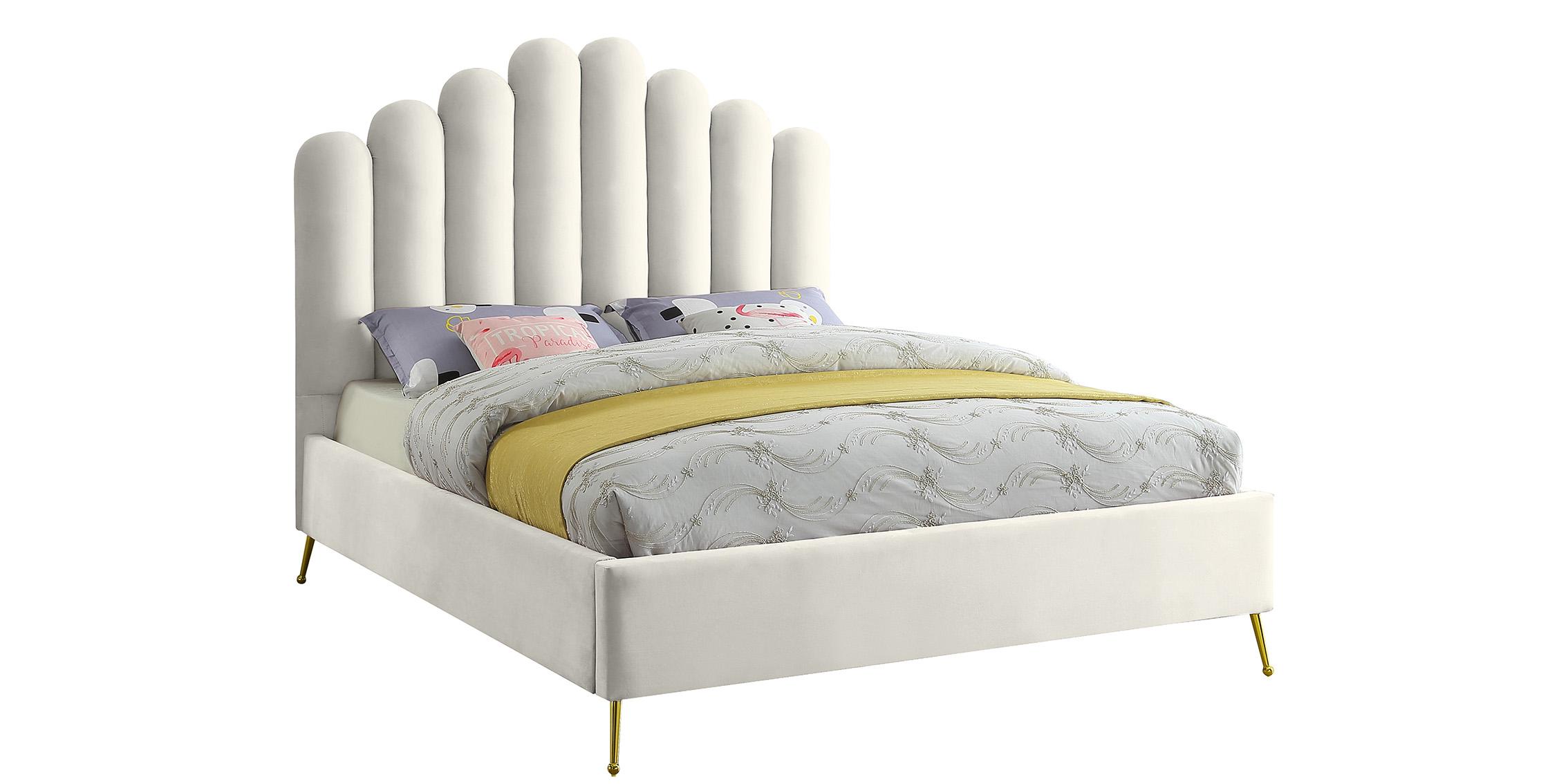 Contemporary Platform Bed LILY Cream-Q LilyCream-Q in Chrome, Cream Velvet