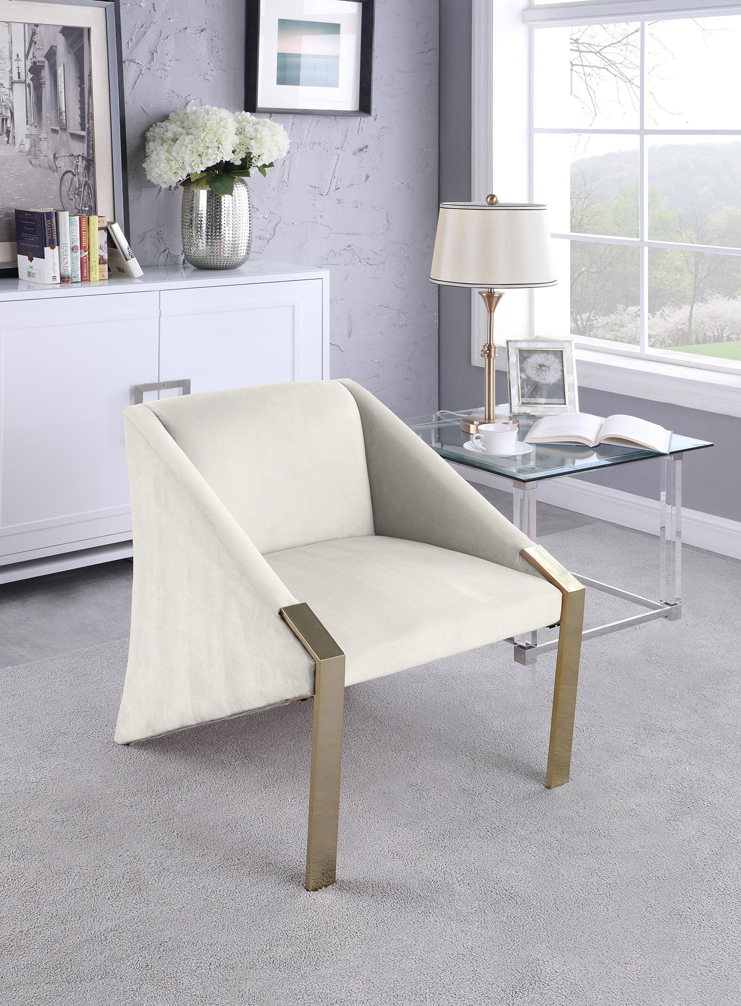 

    
Rich Cream Velvet & Gold Steel Accent Chair RIVET 593Cream Meridian Contemporary
