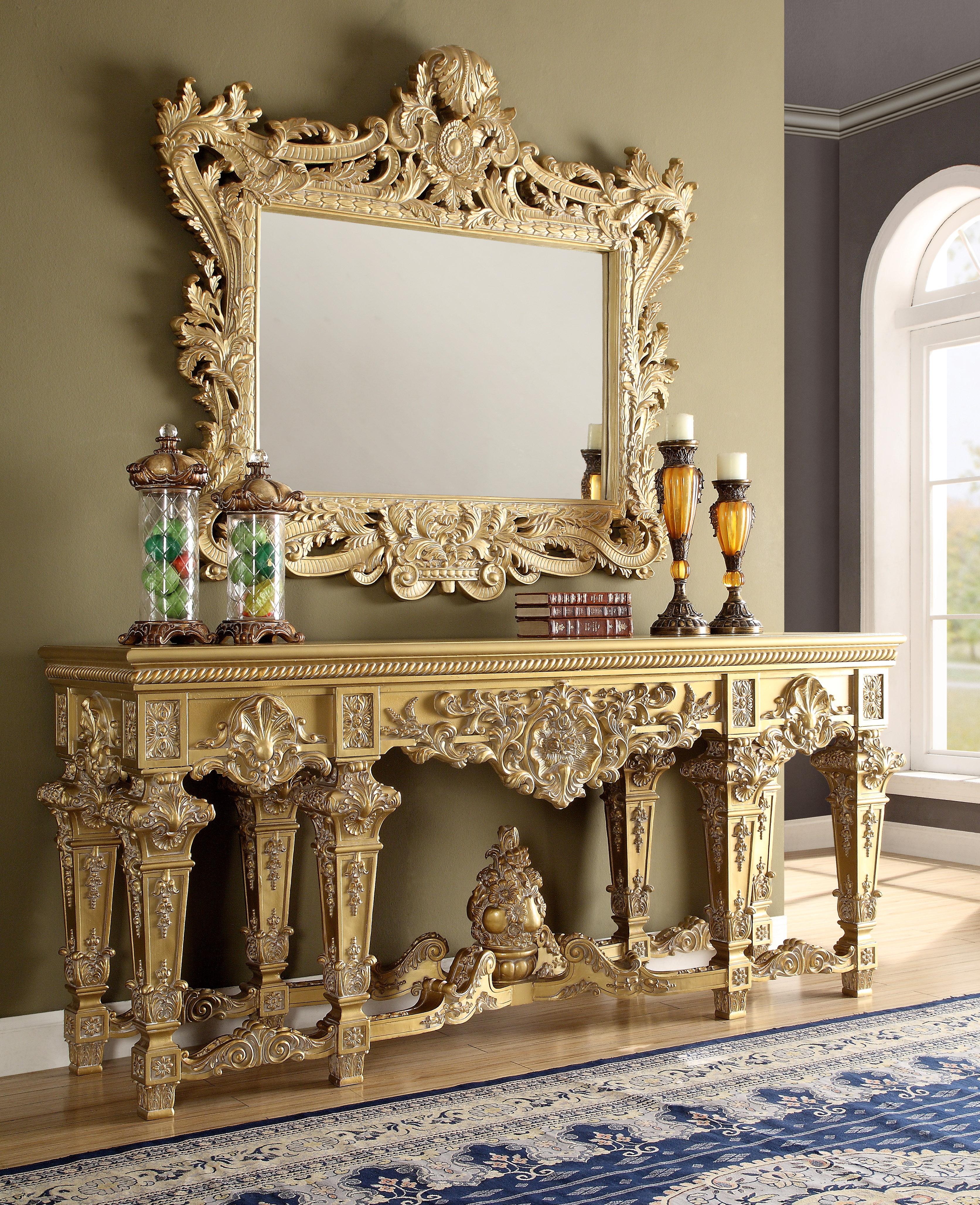 

    
Rich Gold Console Table with Mirror Carved Wood Traditional Homey Design HD-8086
