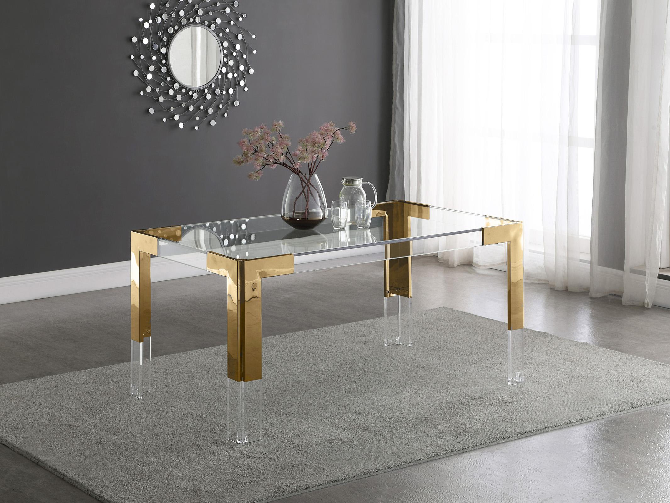 

    
Rich Gold Stainless Steel & Glass Top Dining Table CASPER 715-T Meridian Modern
