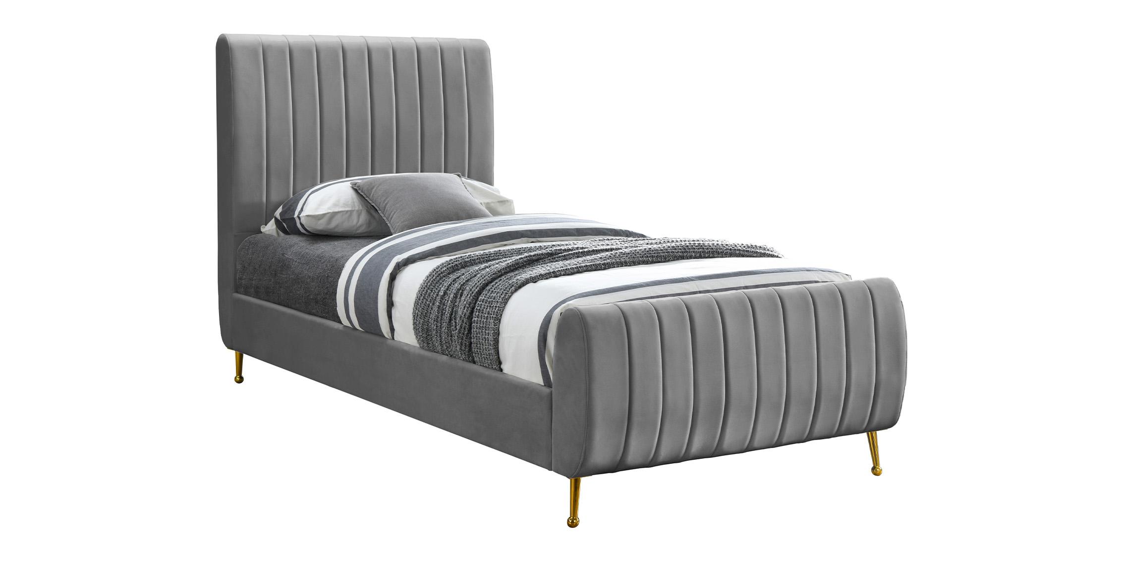 Contemporary Platform Bed ZARA Grey-T ZaraGrey-T in Gray, Gold Velvet