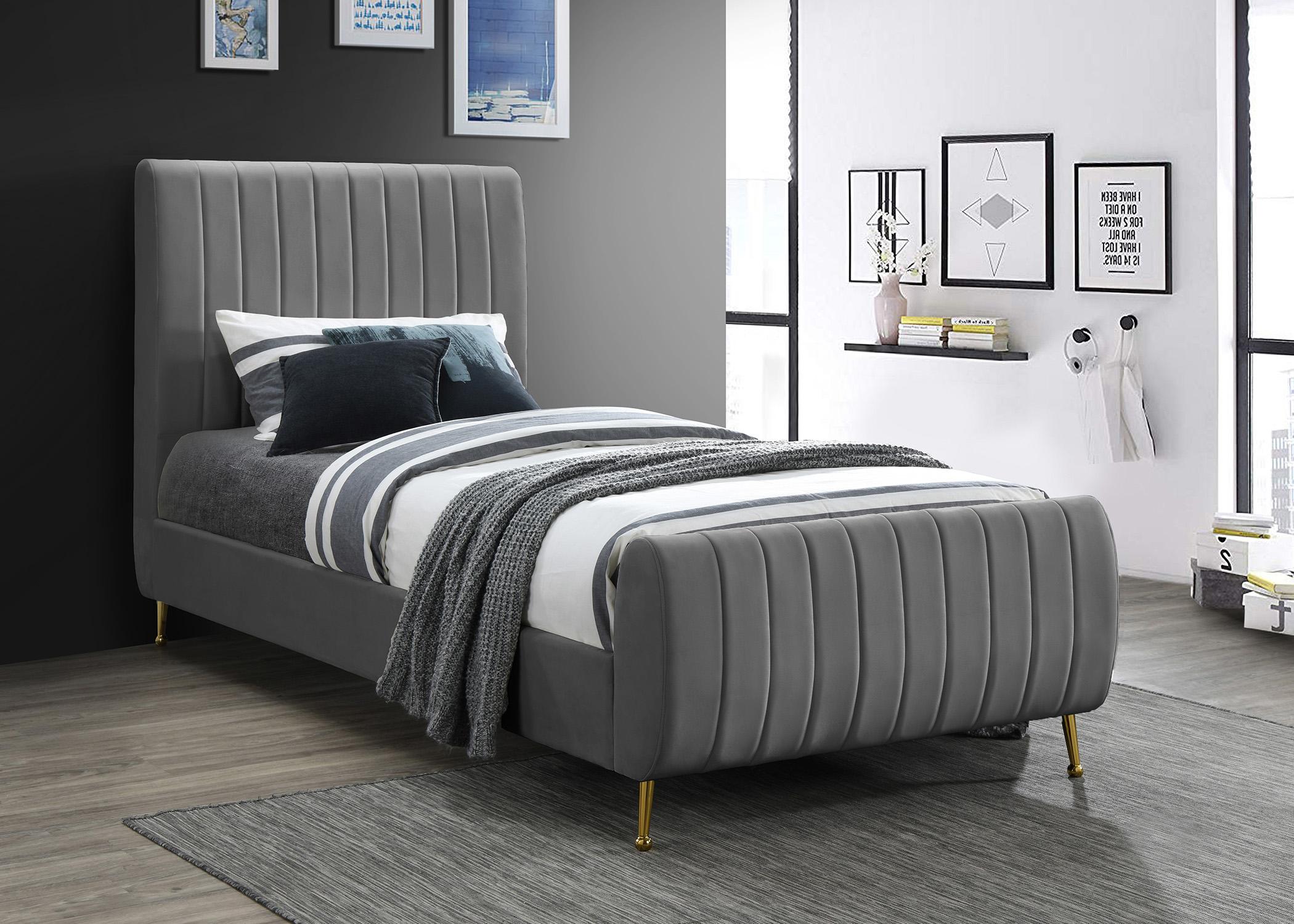 

    
Rich Grey Velvet Channel Tufted Twin Bed ZARA Meridian Contemporary Modern
