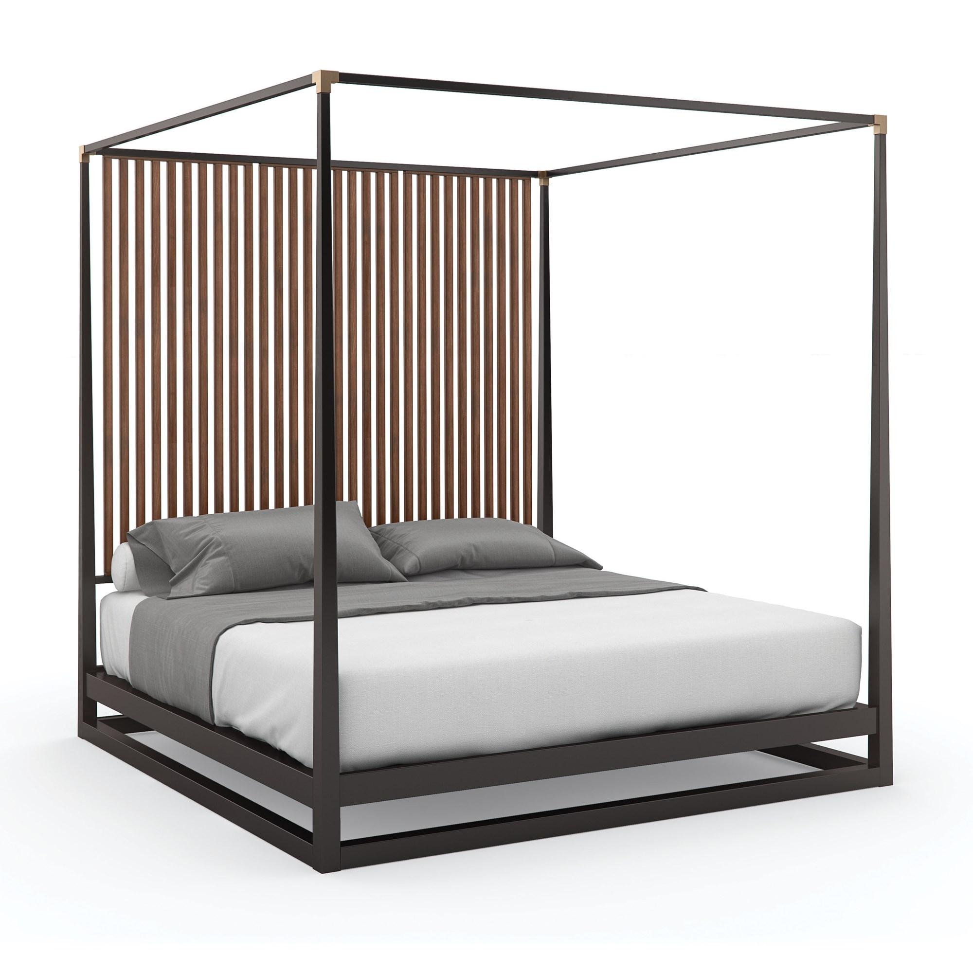 

    
Rich Walnut Vertical Slats Canopy KING Bed PINSTRIPE by Caracole
