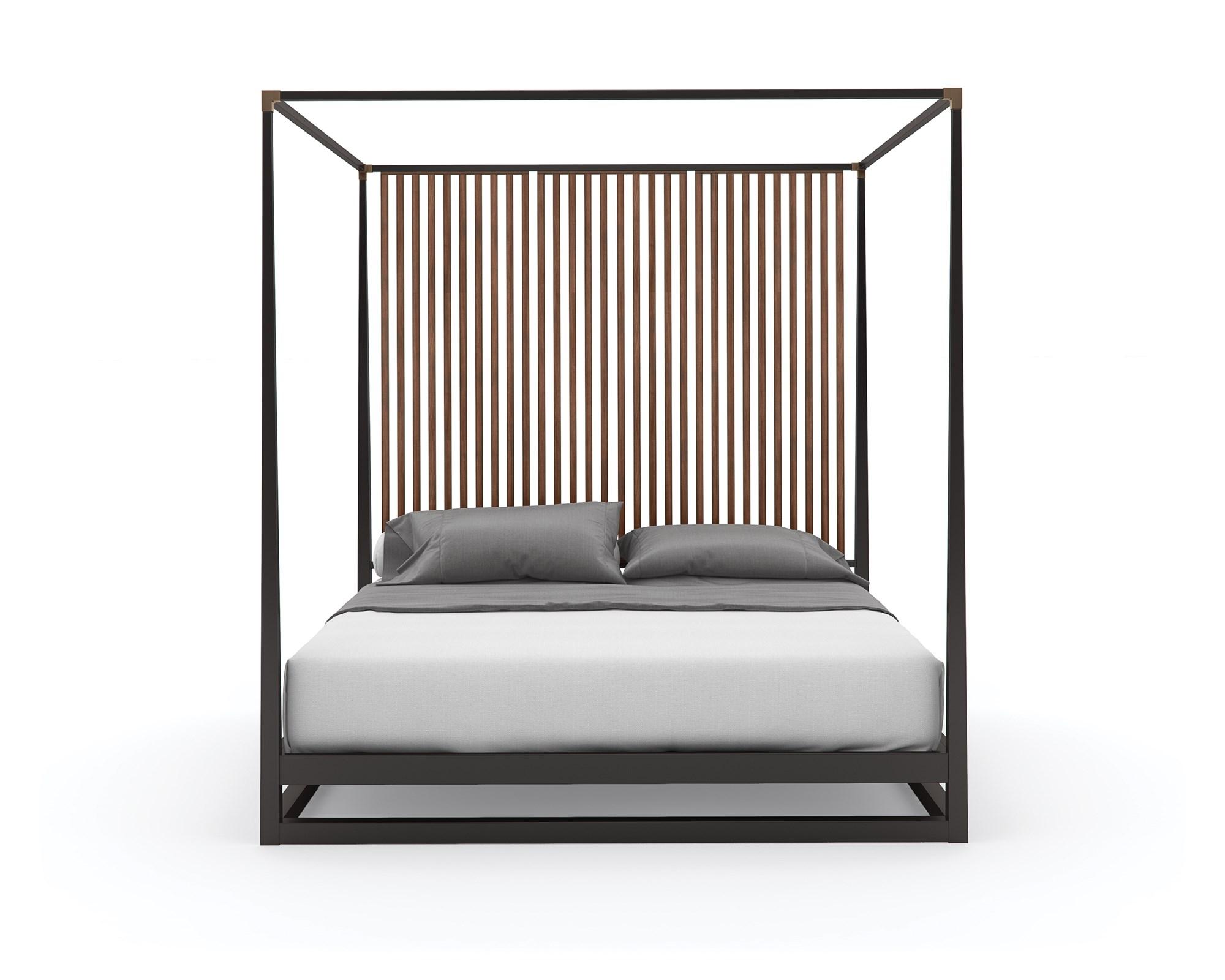 

    
Rich Walnut Vertical Slats Canopy KING Bed PINSTRIPE by Caracole

