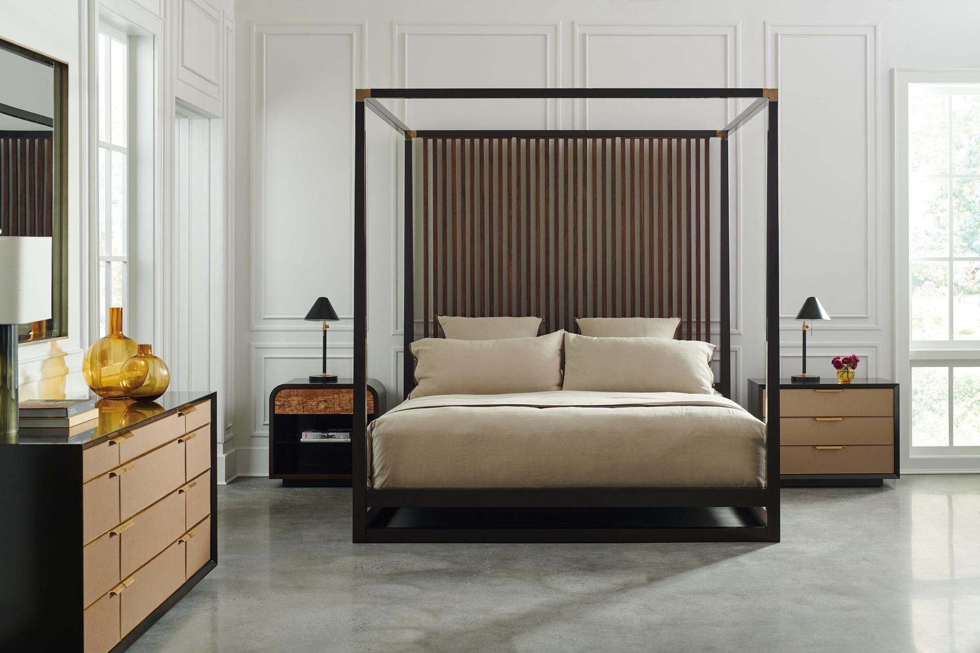 

    
 Shop  Rich Walnut Vertical Slats Canopy Queen Bed Set 3Pcs PINSTRIPE by Caracole
