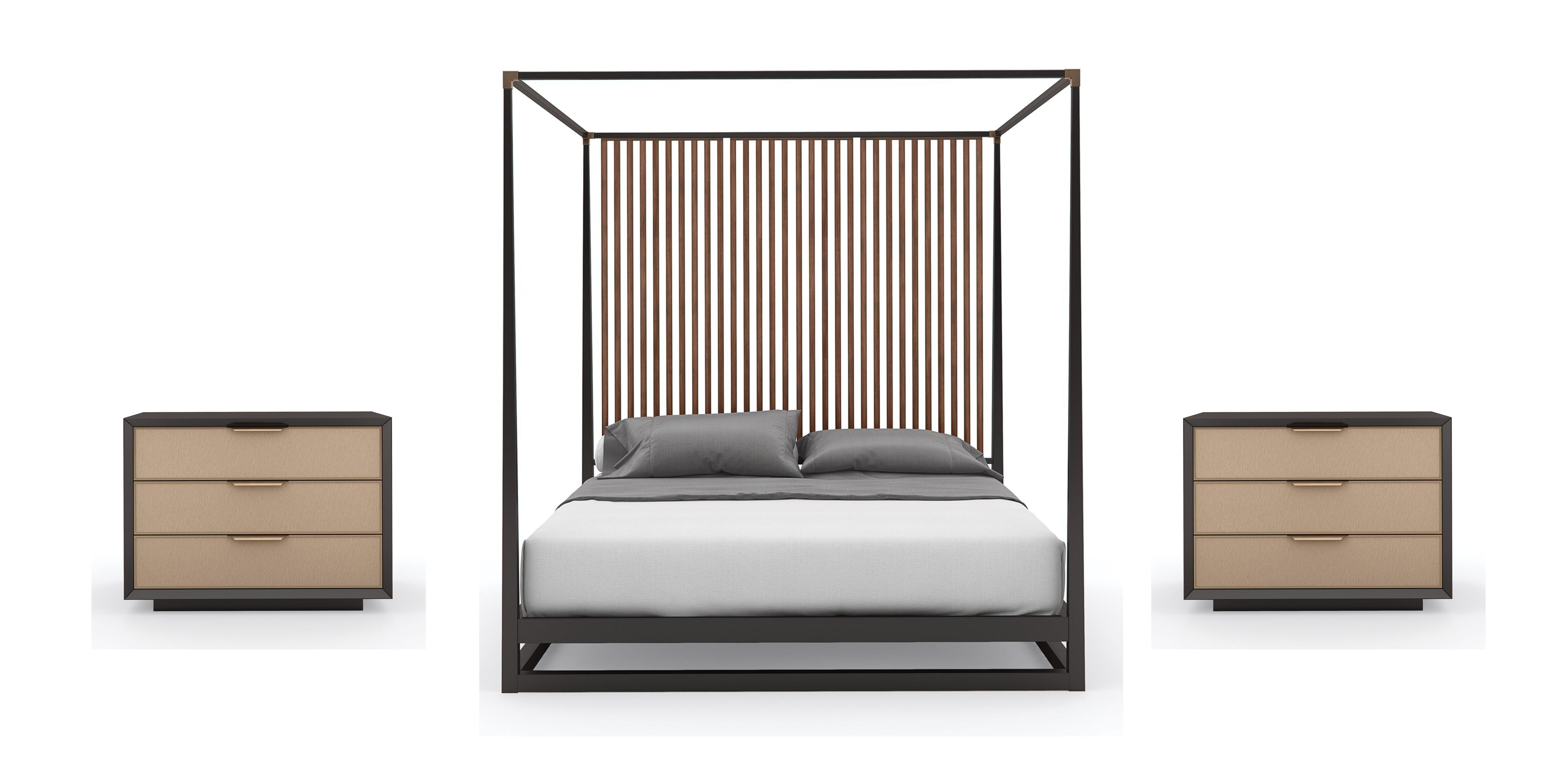 

    
Rich Walnut Vertical Slats Canopy King Bed Set 3Pcs PINSTRIPE by Caracole
