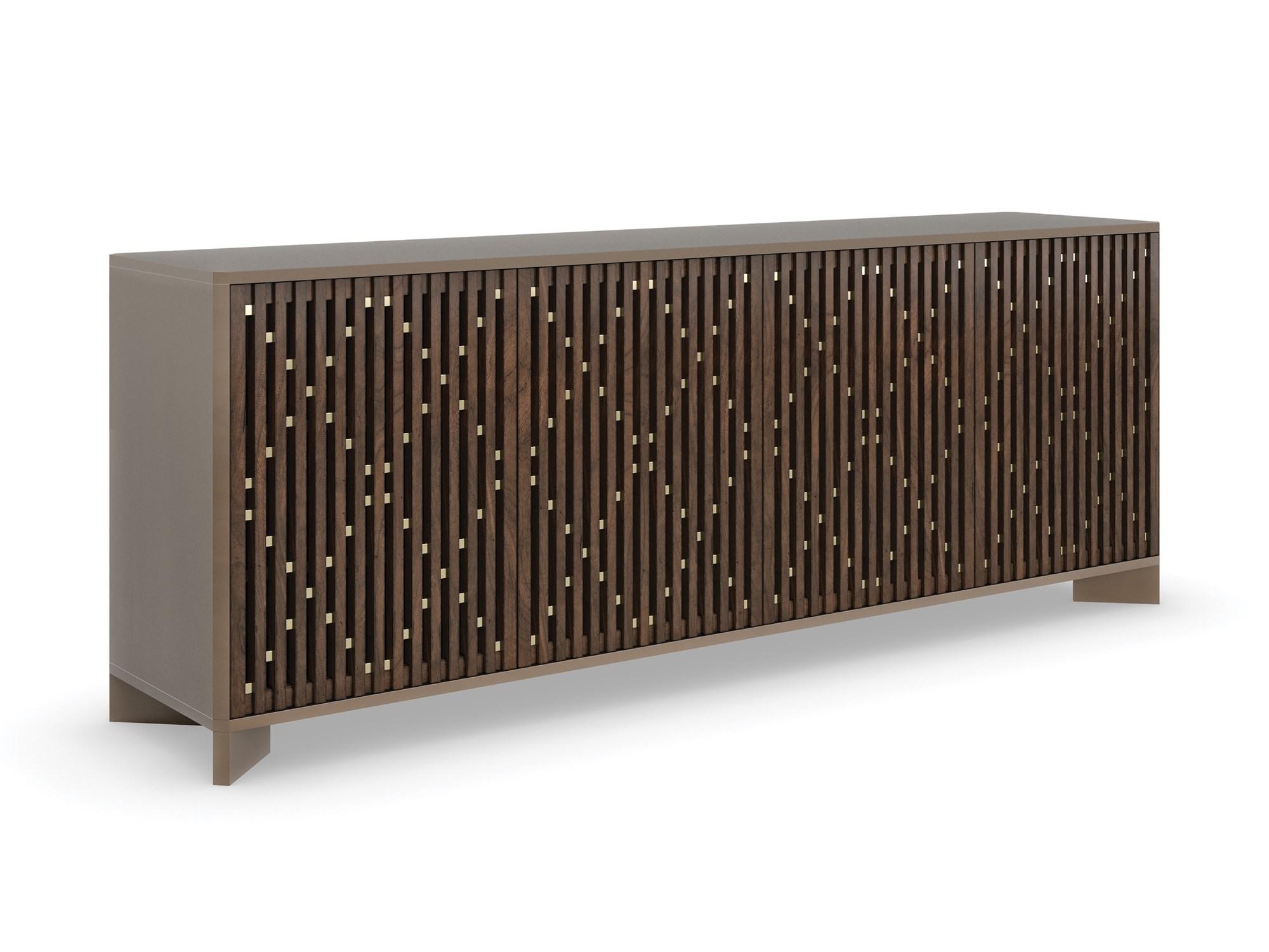

    
Rich Walnut W/ Whisper of Gold Metal Accent Console Table DIAMOND IN THE ROUGH by Caracole
