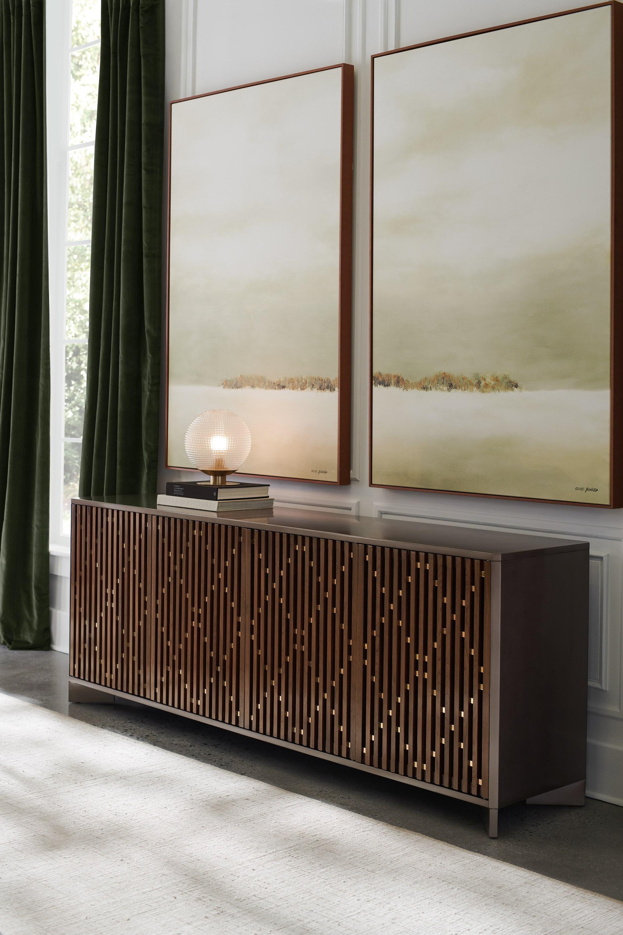 

    
Rich Walnut W/ Whisper of Gold Metal Accent Console Table DIAMOND IN THE ROUGH by Caracole
