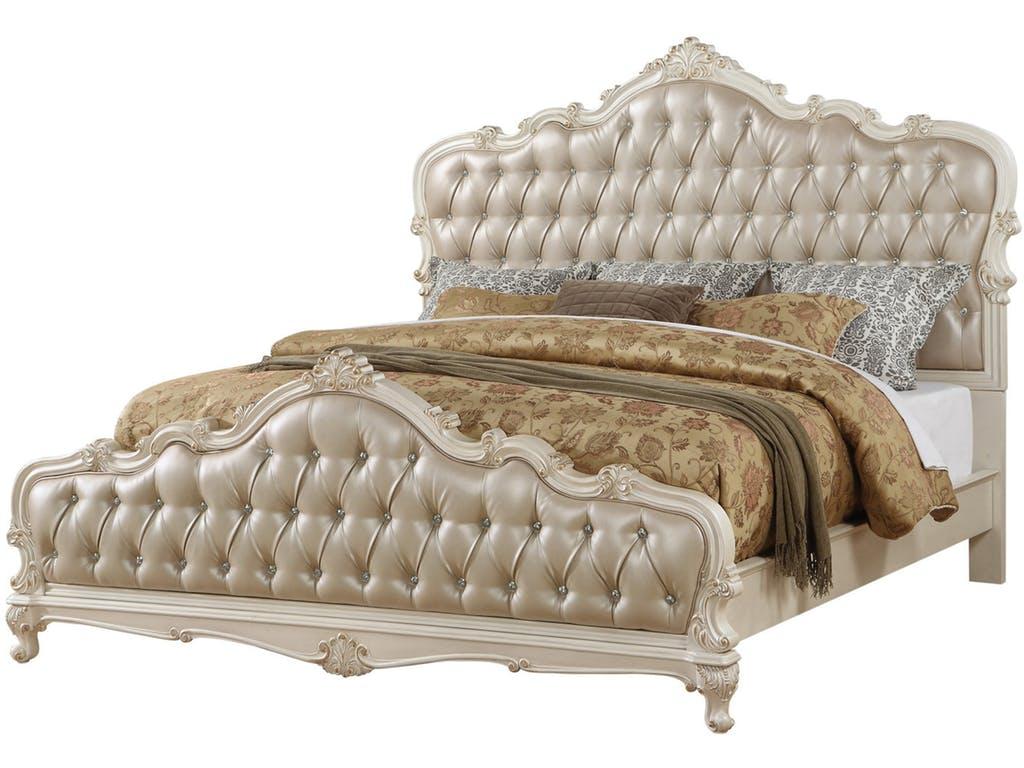 

    
Rory King Upholstered Standard Bedroom Set 5 Rose Gold Pearl White Classic
