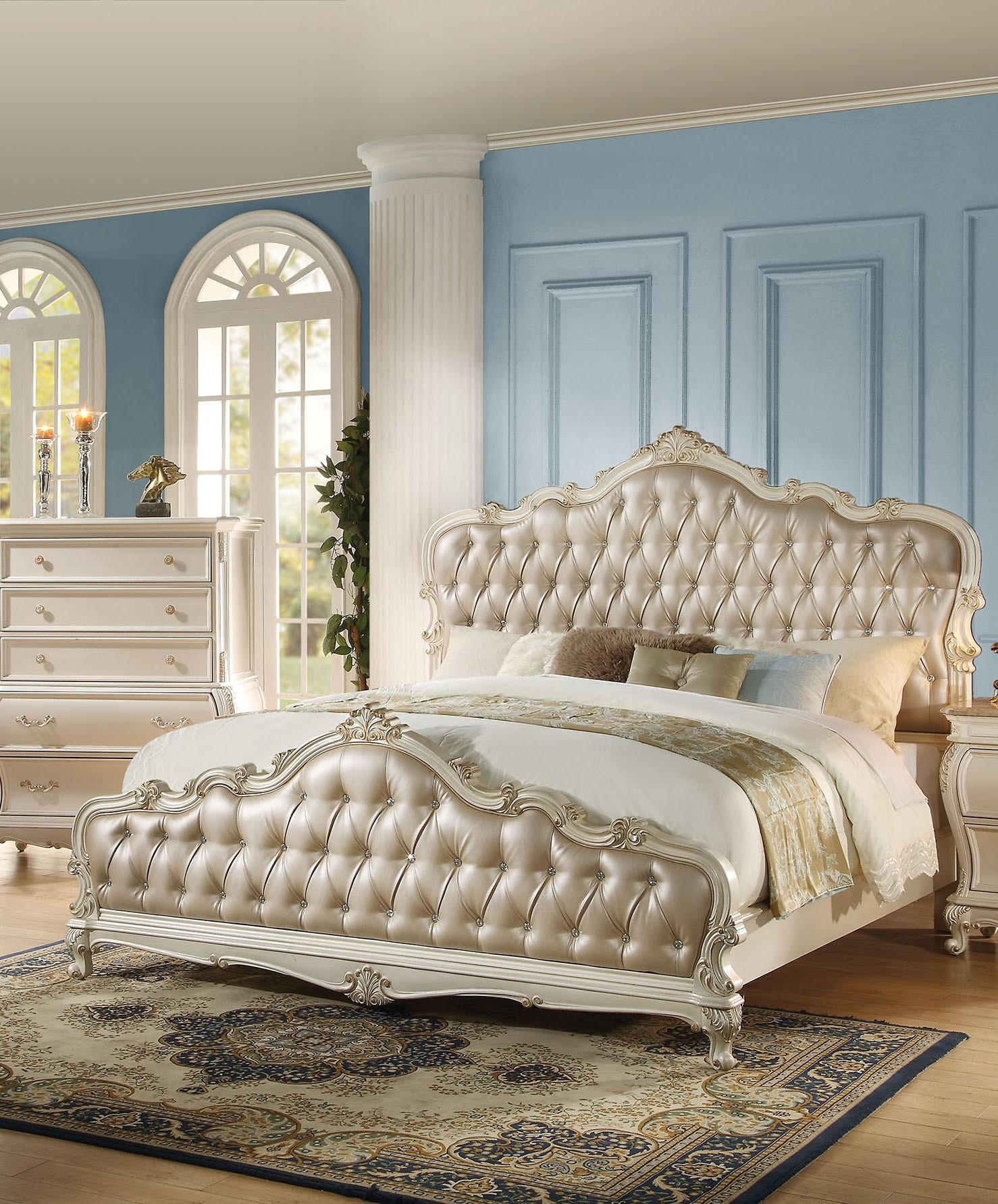 

                    
Buy Rory Queen Upholstered Standard Bedroom Set 5 Rose Gold Pearl White Classic
