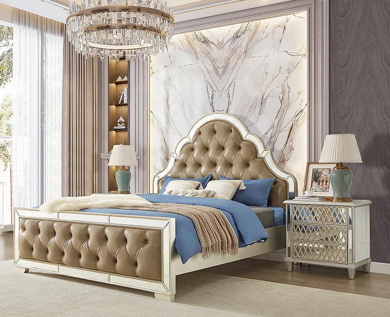 

    
Rose Beige Leather & Mirror CAL King Bedroom Set 3Pcs Homey Design HD-6000
