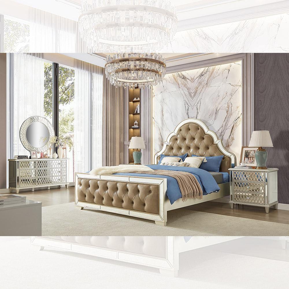 Modern Panel Bedroom Set HD-6000 HD-CK60005PCSET in Mirrored, Beige Leather