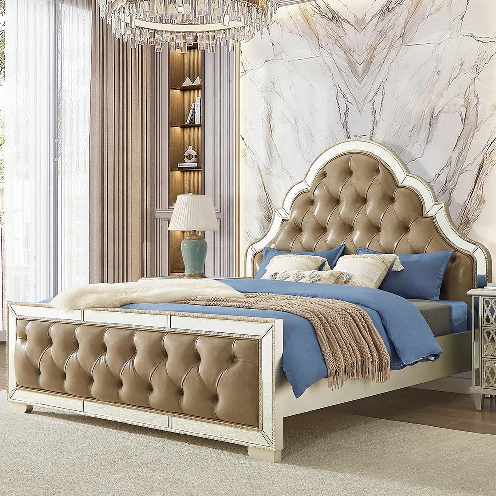 

    
Rose Beige Leather & Mirror King Bedroom Set 3Pcs Homey Design HD-6000

