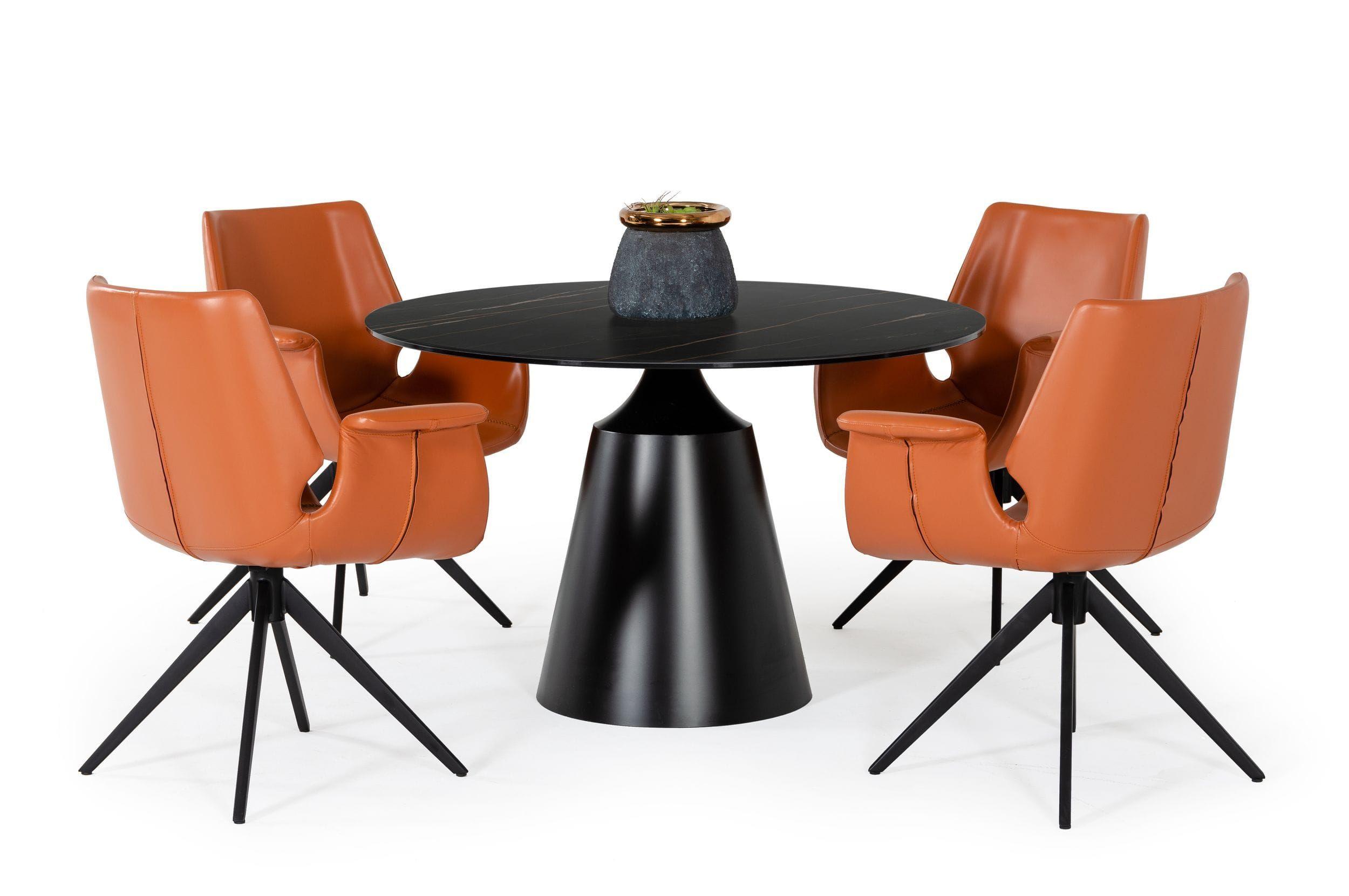 

    
Round Black Ceramic Dining Table + 4 Orange Chairs by VIG Modrest Edith
