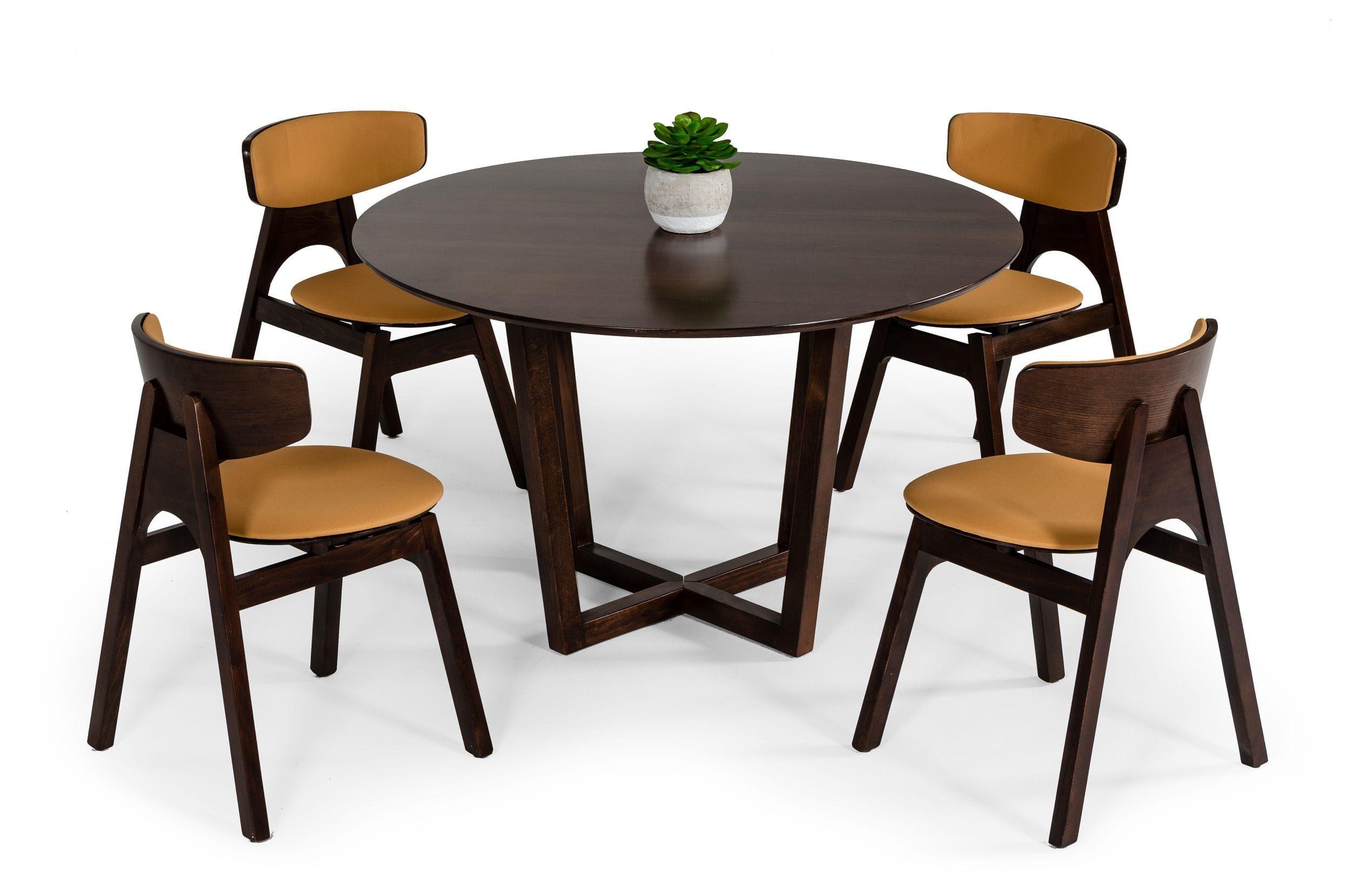 Contemporary, Modern Dining Table Set VGTSWESTON-DT-Set-5 VGTSWESTON-DT-Set-5 in Camel, Walnut Faux Leather