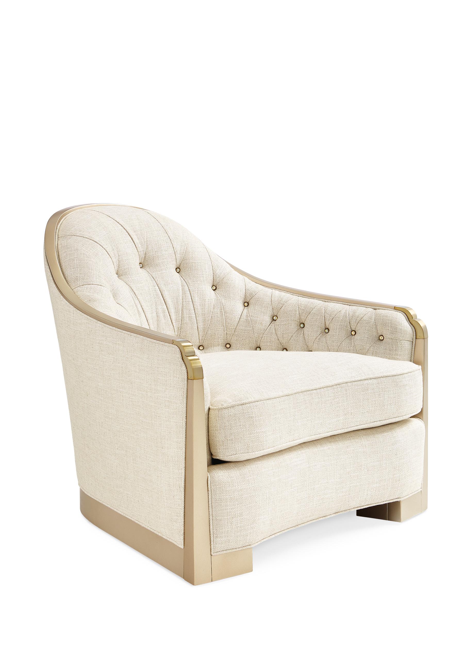 

    
Rounded Silhouette Cream Fabric & Champagne Finish Chair SHE'S A CHARMER by Caracole
