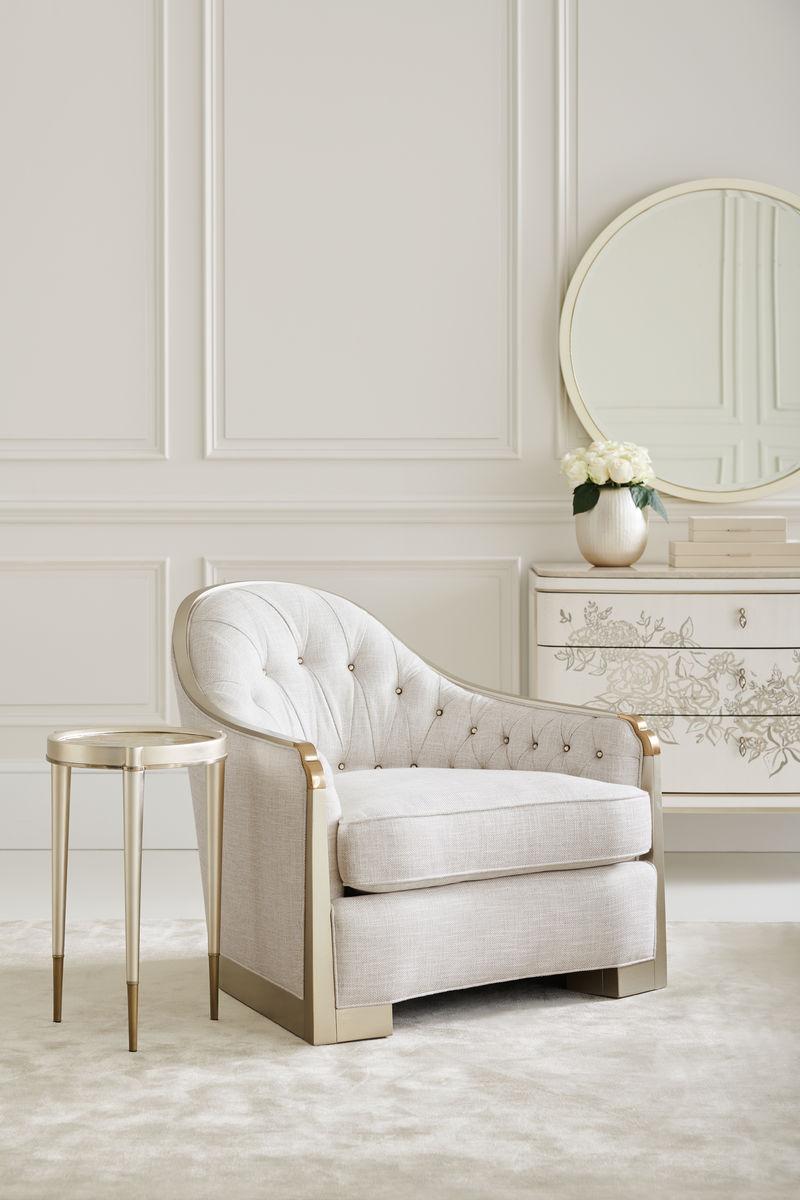 

    
Rounded Silhouette Cream Fabric & Champagne Finish Chair SHE'S A CHARMER by Caracole
