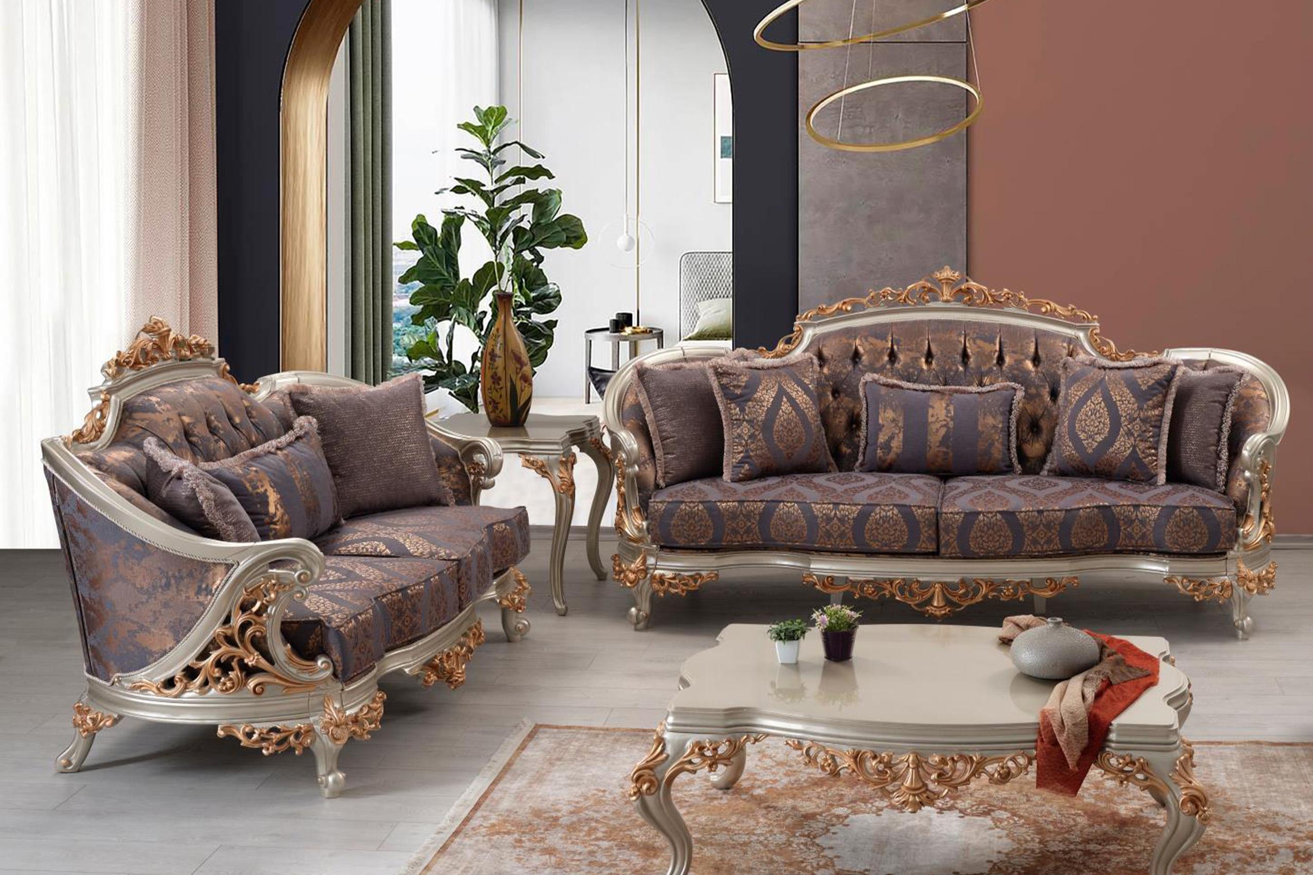 

    
Royal GRAY & GOLD Chenille Sofa VERSA Galaxy Home Traditional Classic
