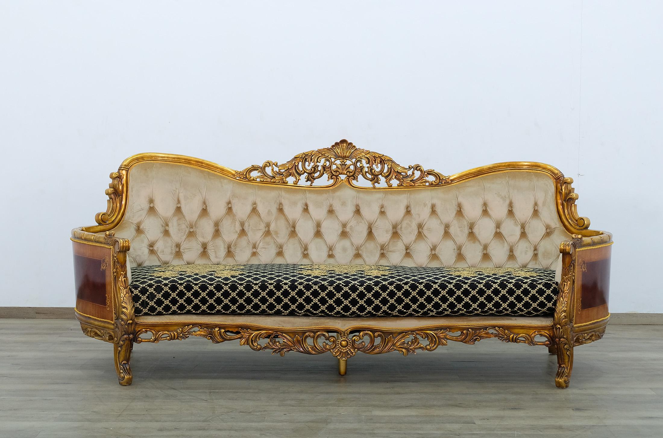 

    
Royal Luxury Black Gold Fabric MAGGIOLINI Sofa EUROPEAN FURNITURE Carved Wood
