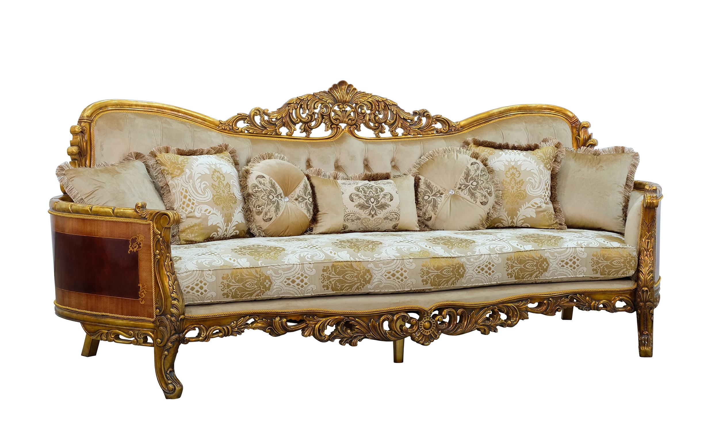 

    
Royal Luxury Gold & Sand Fabric MAGGIOLINI Sofa EUROPEAN FURNITURE Carved Wood

