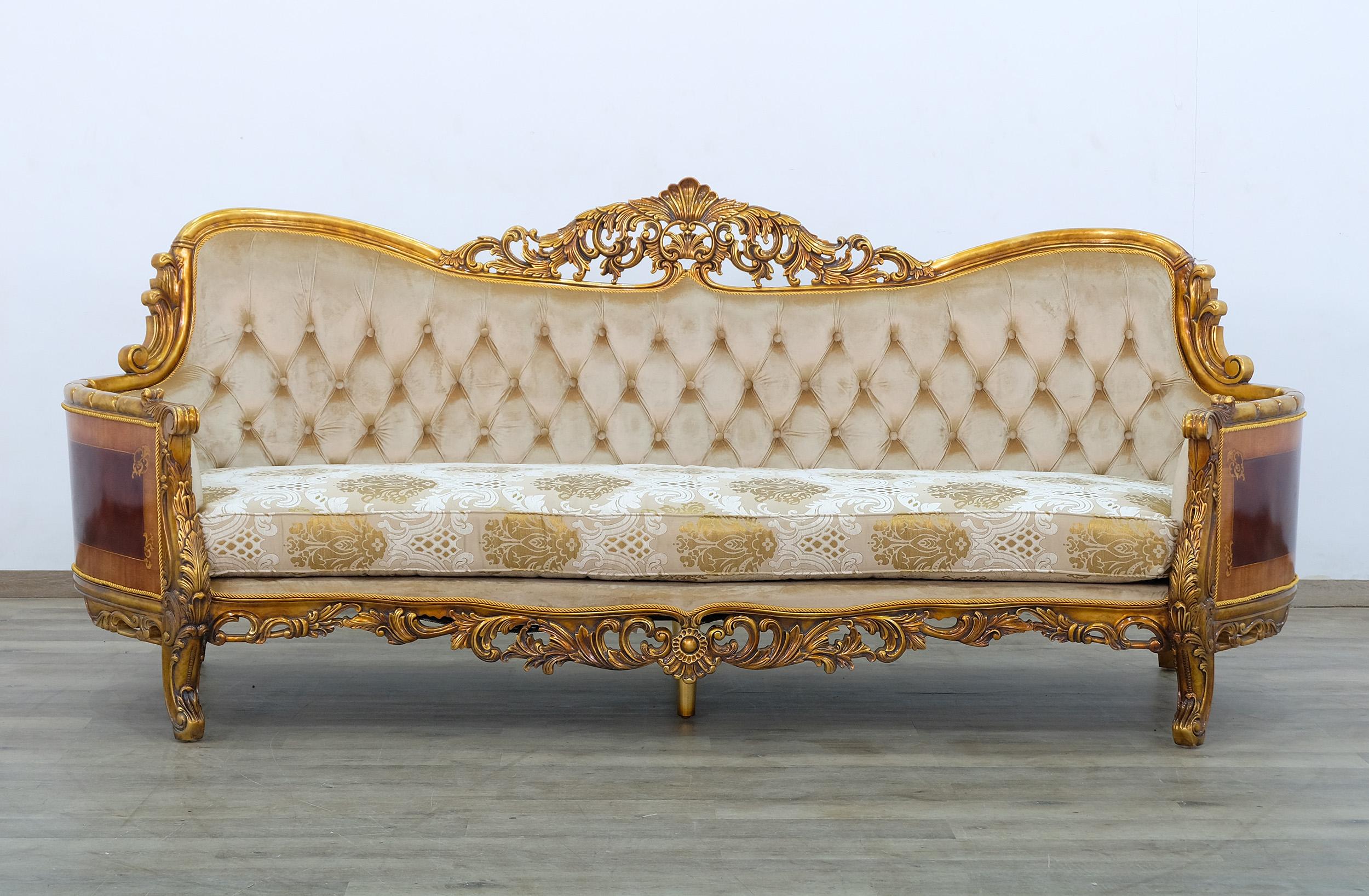 

    
Royal Luxury Gold & Sand Fabric MAGGIOLINI Sofa EUROPEAN FURNITURE Carved Wood
