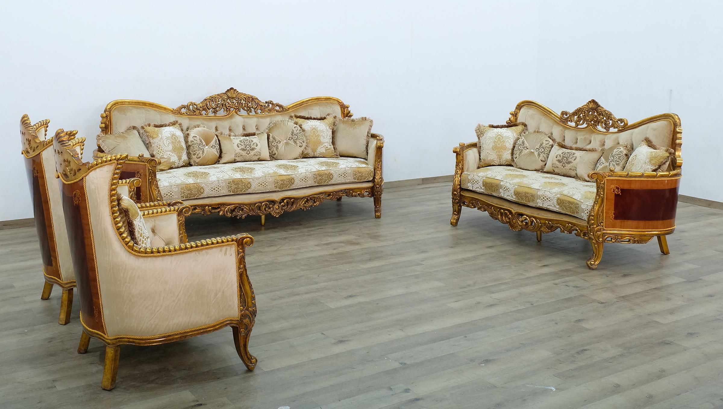 

    
Royal Luxury Gold & Sand Fabric MAGGIOLINI Sofa Set 2 Pcs EUROPEAN FURNITURE
