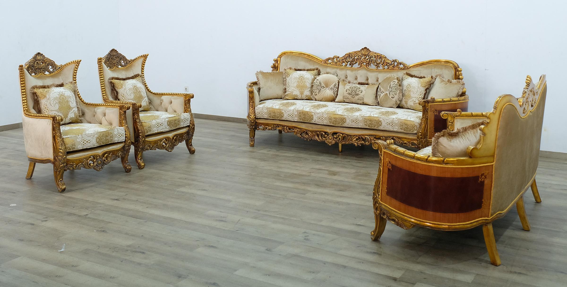 

    
Royal Luxury Gold & Sand Fabric MAGGIOLINI Sofa Set 4 Pcs EUROPEAN FURNITURE
