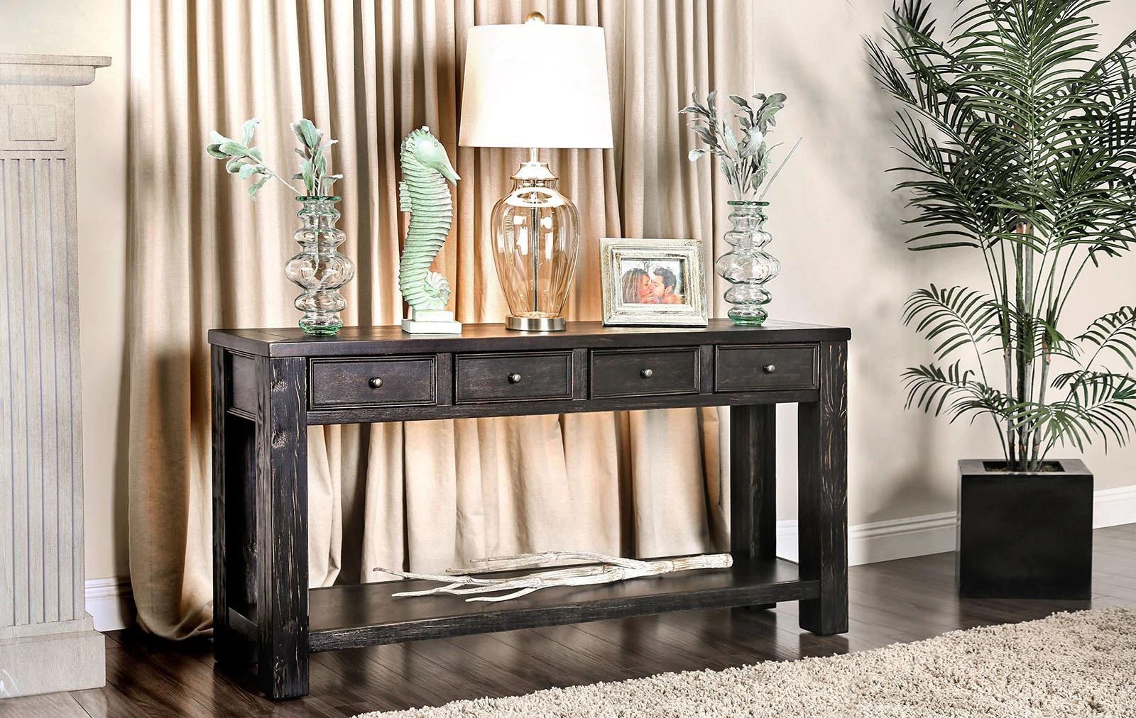 

    
Rustic Antique Black Solid Wood Sofa Table Furniture of America CM4327S Meadow
