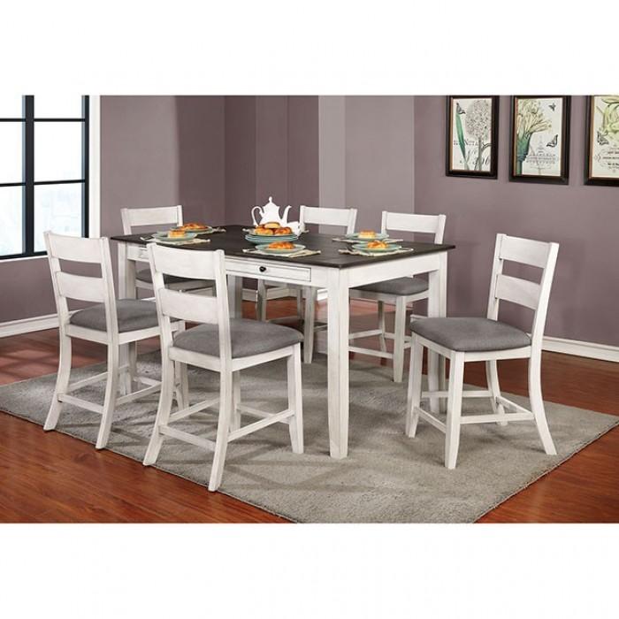 

    
Rustic Antique White/Gray Solid Wood Counter Height Dining Room Set 7PCS Furniture of America Anadia CM3715PT-7PCS

