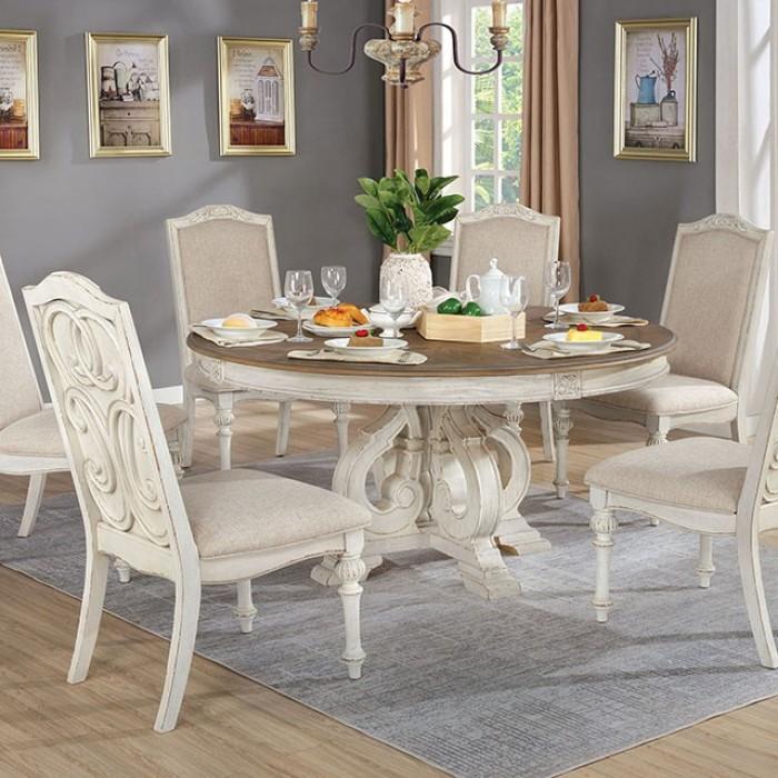 

    
Rustic Antique White & Ivory Solid Wood Round Dining Room Set 7pcs Furniture of America Arcadia
