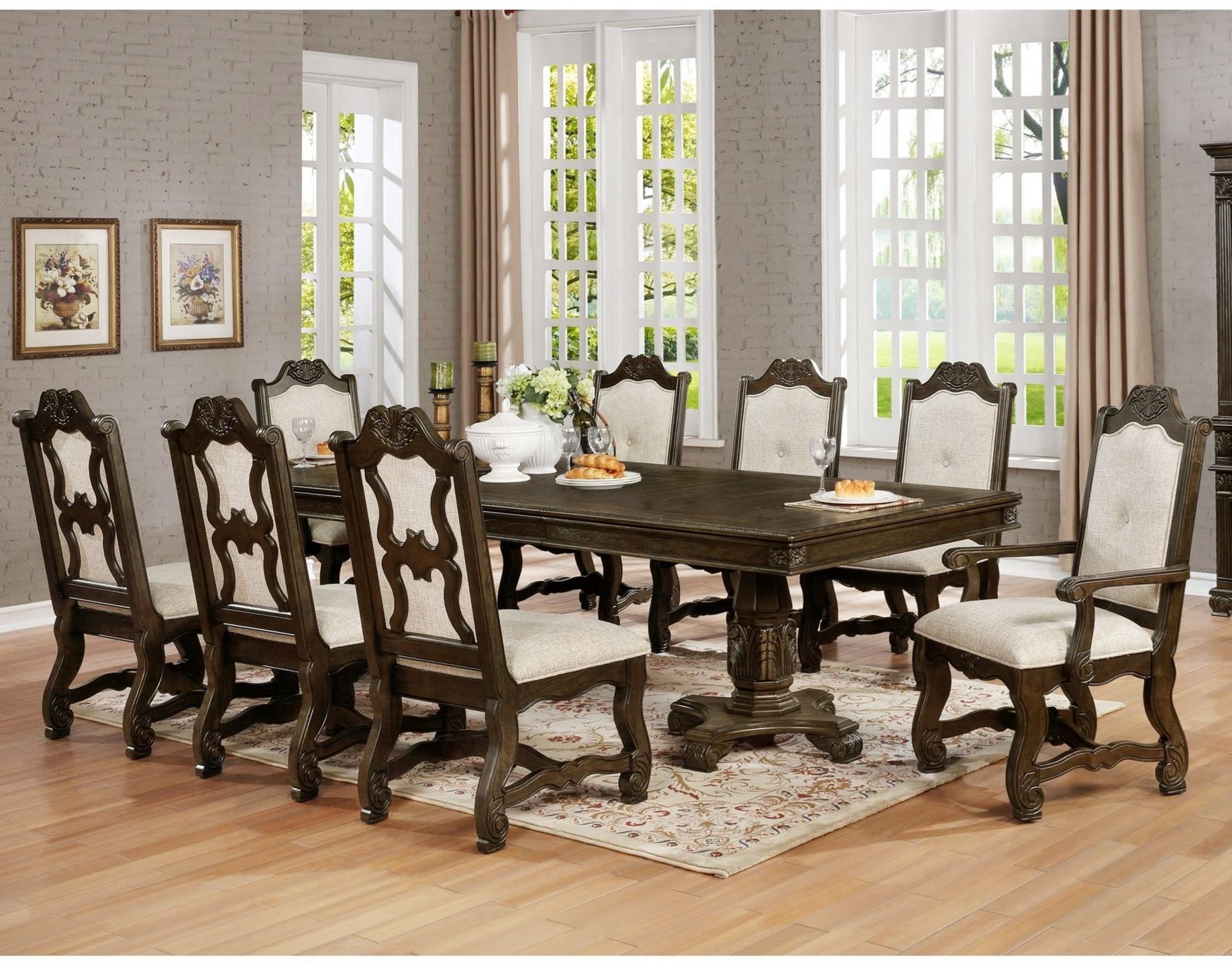 

    
Rustic Brown Dining Table + 8 Chairs by Crown Mark Neo Renaissance 2420T-44108-9pcs

