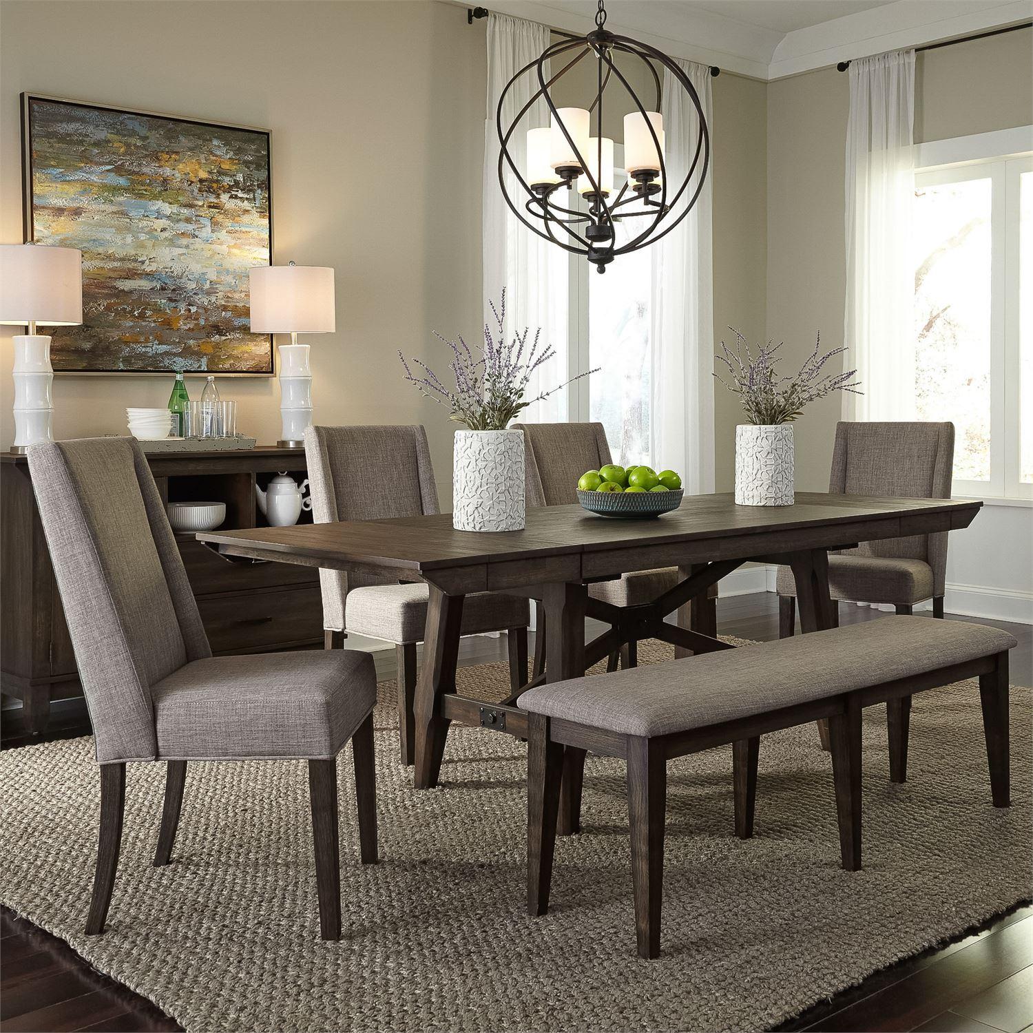 Rustic Dining Room Set Double Bridge  (152-CD) Dining Room Set 152-CD-O6TRS in Chestnut, Gray Fabric