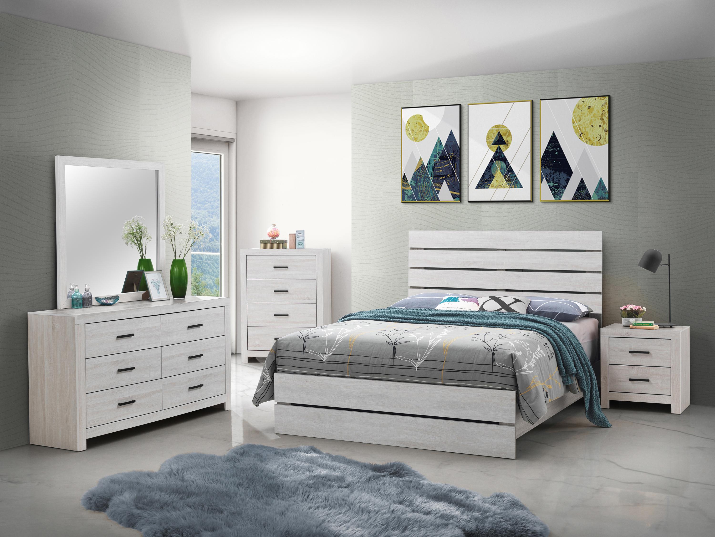 

    
Rustic Coastal White Wood Queen Panel Bedroom Set 5pcs Coaster 207051Q Marion
