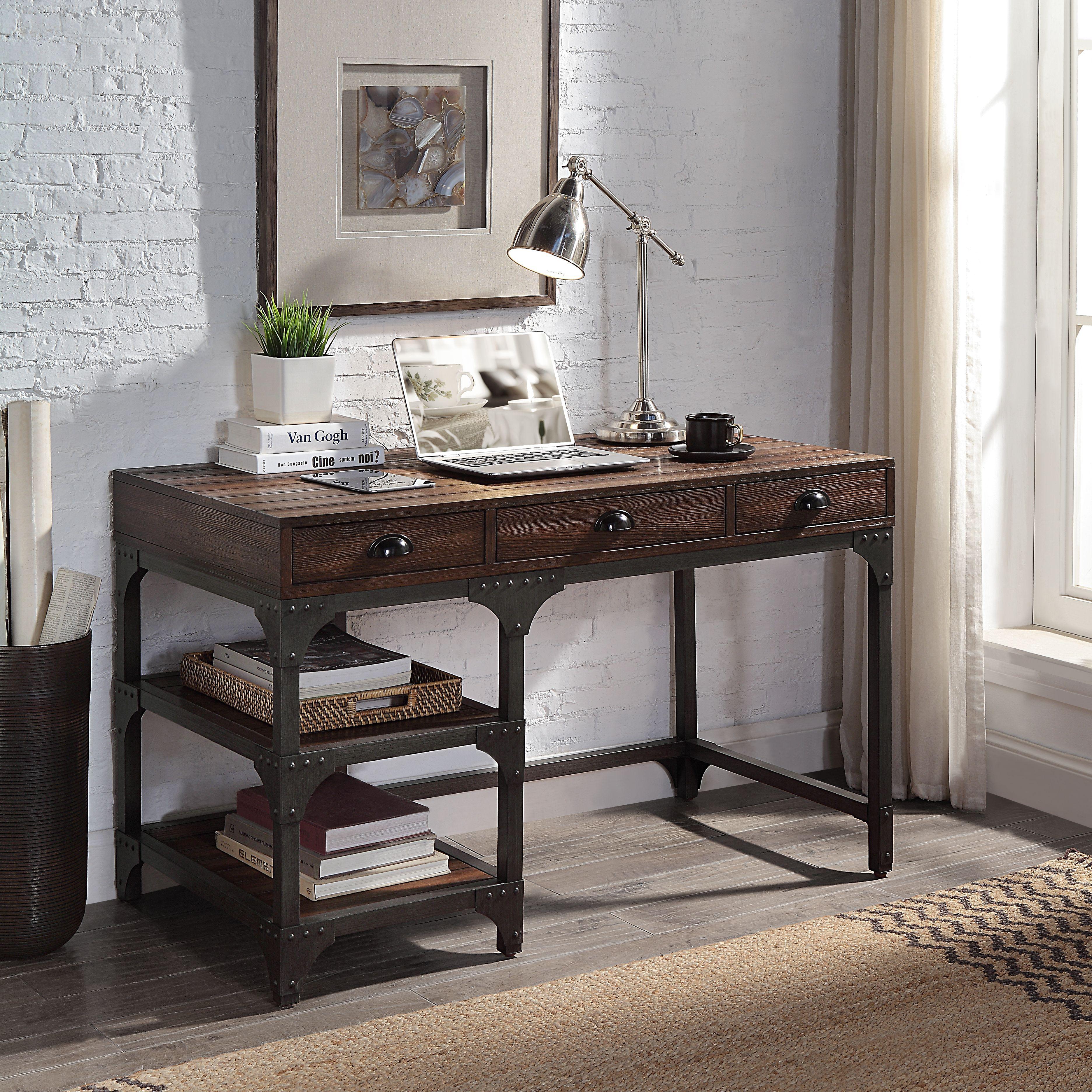 

    
Rustic Espresso Oak Finish & Antique Black Writing Desk by Acme OF00143 Gorden
