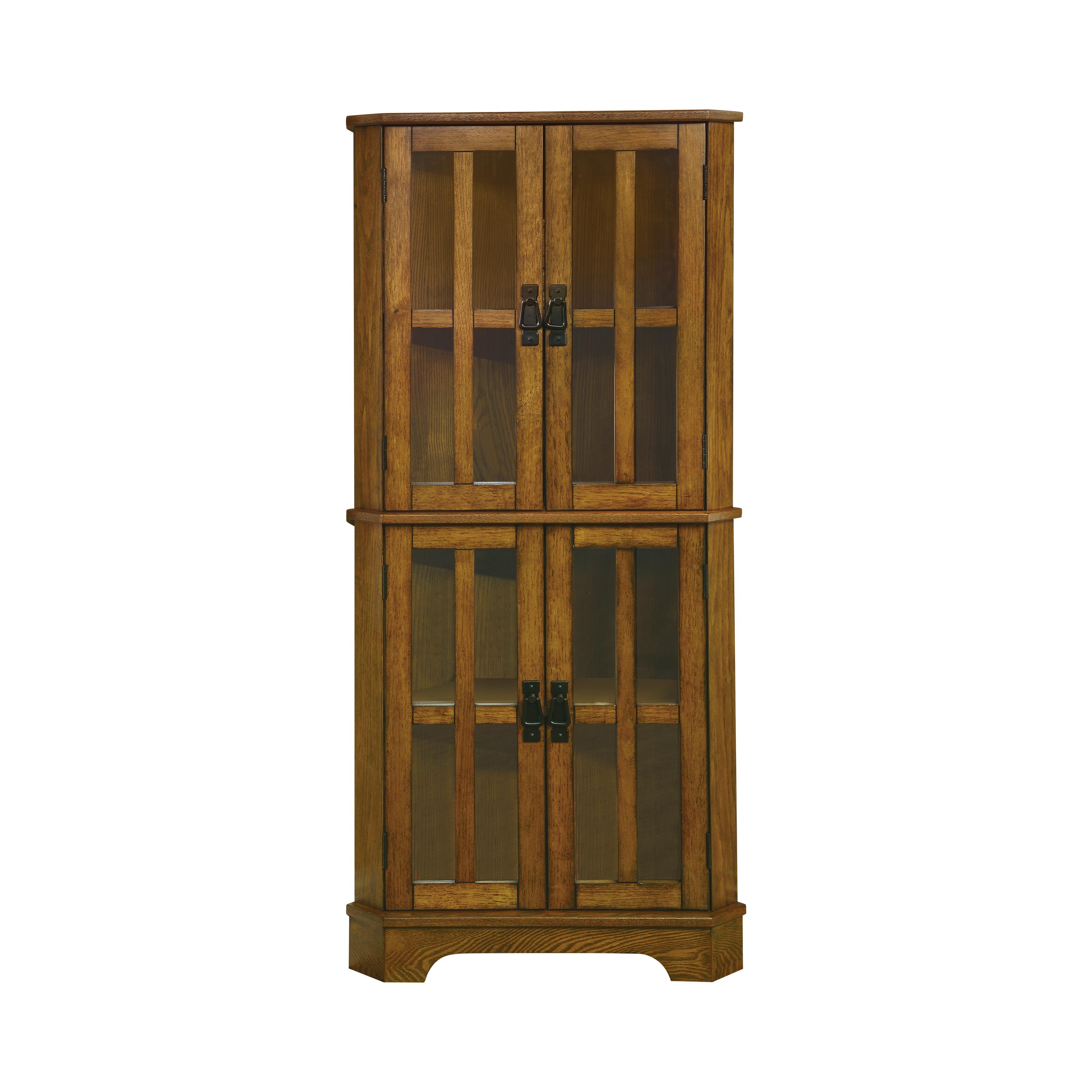 

    
Rustic Golden Brown Oak & Tempered Glass Curio Cabinet Coaster 950185
