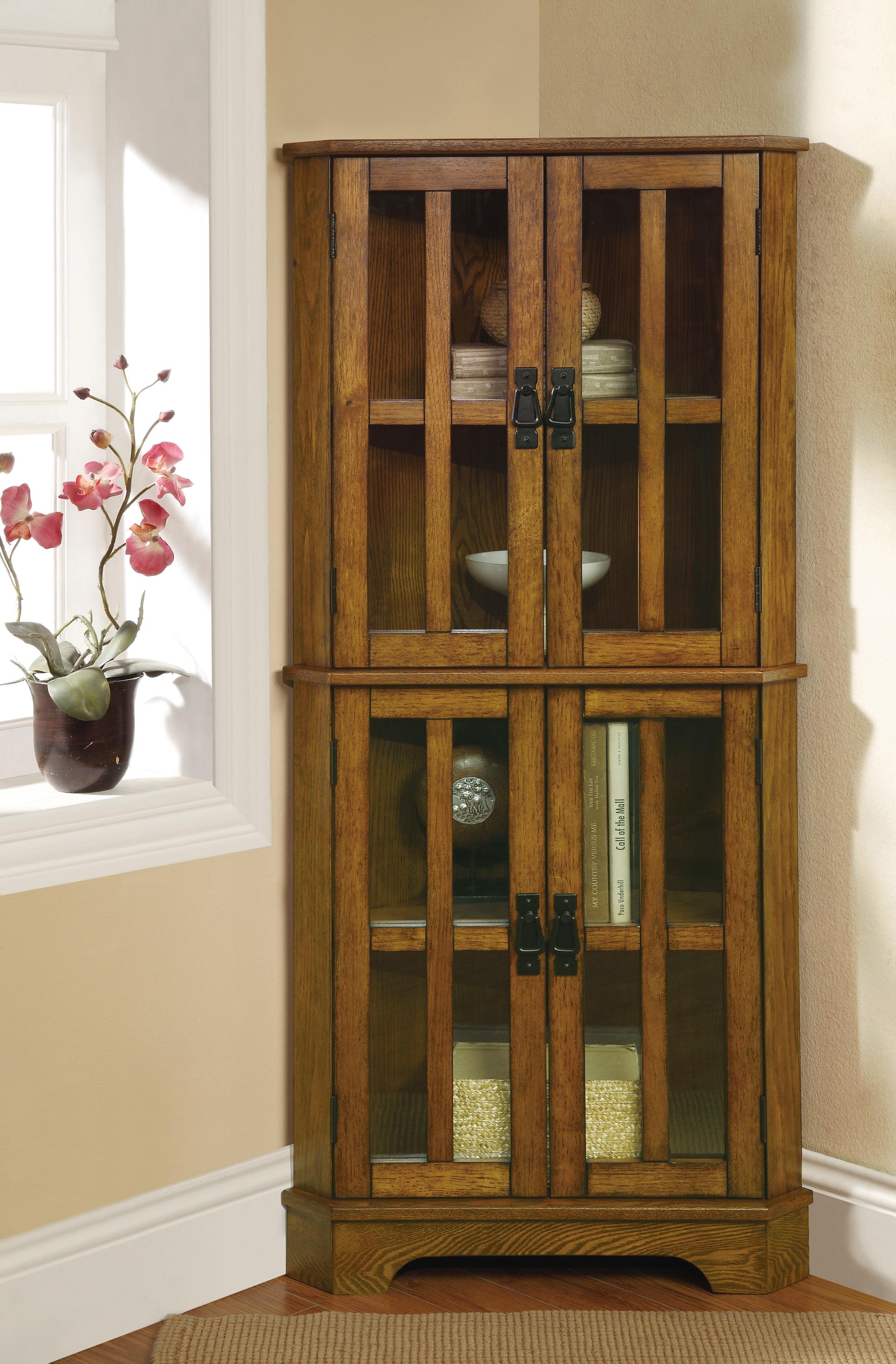 

    
Rustic Golden Brown Oak & Tempered Glass Curio Cabinet Coaster 950185
