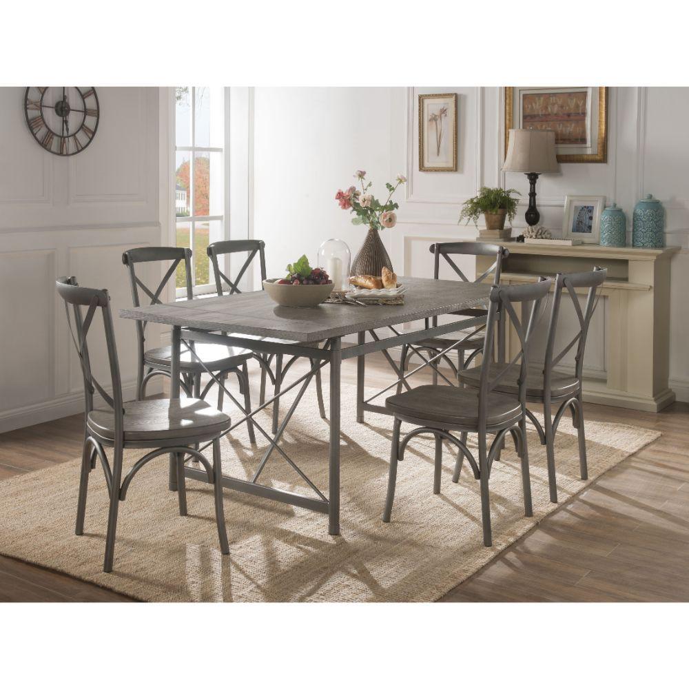 

    
Rustic Gray Oak & Sandy Gray Dining Table + 6x Chairs by Acme Kaelyn II 60120-7pcs
