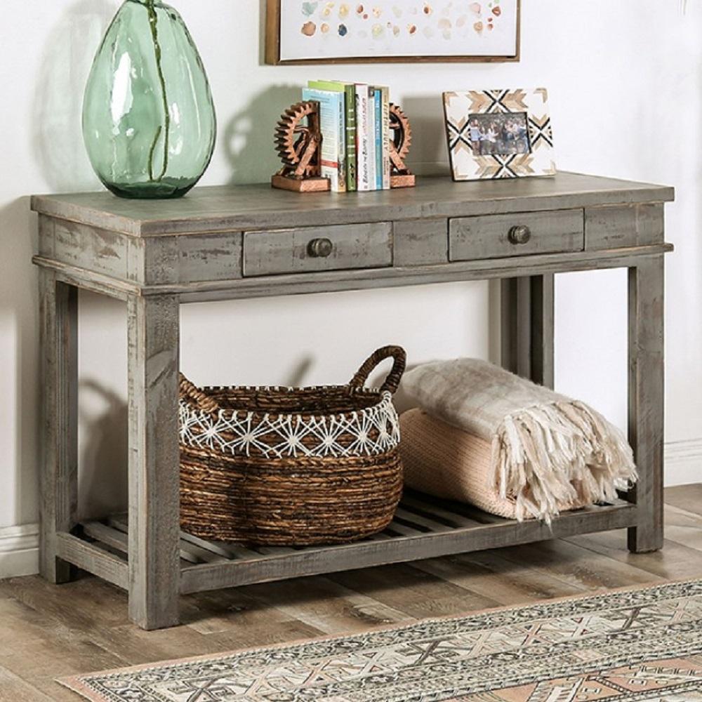 

    
Rustic Gray Solid Wood Brazilian Pine Sofa Table Furniture of America EM4009GY-S McAllen
