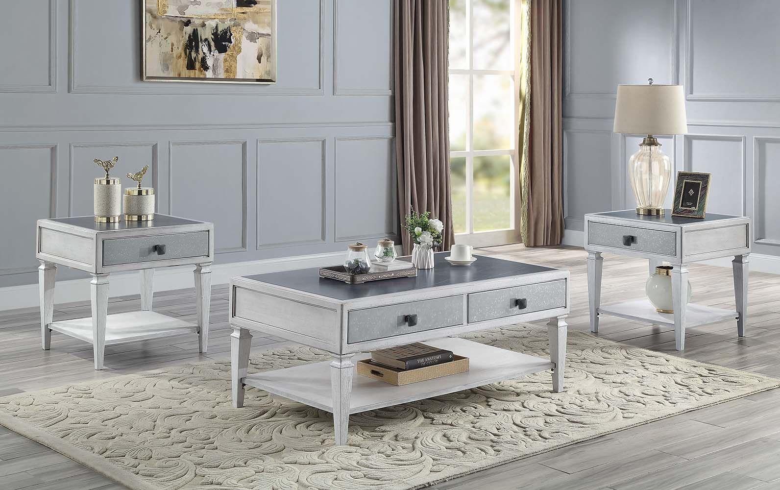 Classic, Traditional Coffee Table and 2 End Tables Katia LV01052-3pcs in Light Gray 